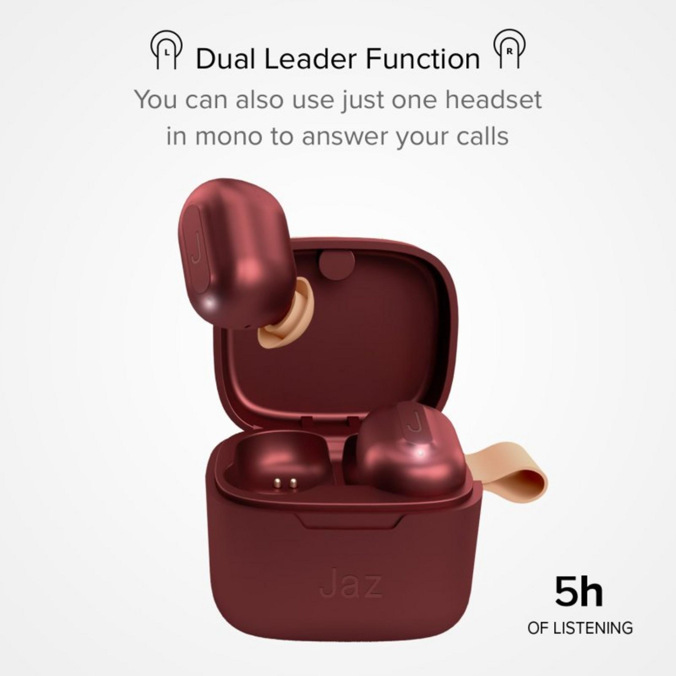 Auricolari wireless rossi con custodia di ricarica, mostrano 5 ore di ascolto.