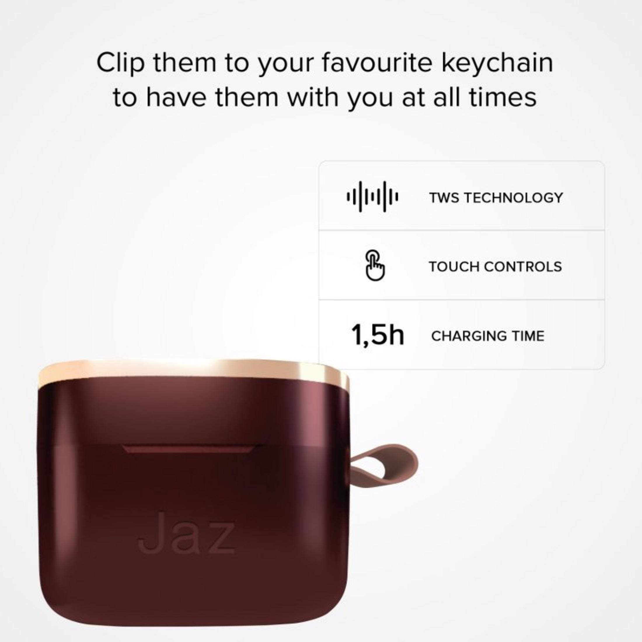 Custodia di ricarica rosso scuro con logo "Jaz", tecnologia TWS, controlli touch, 1,5h carica.