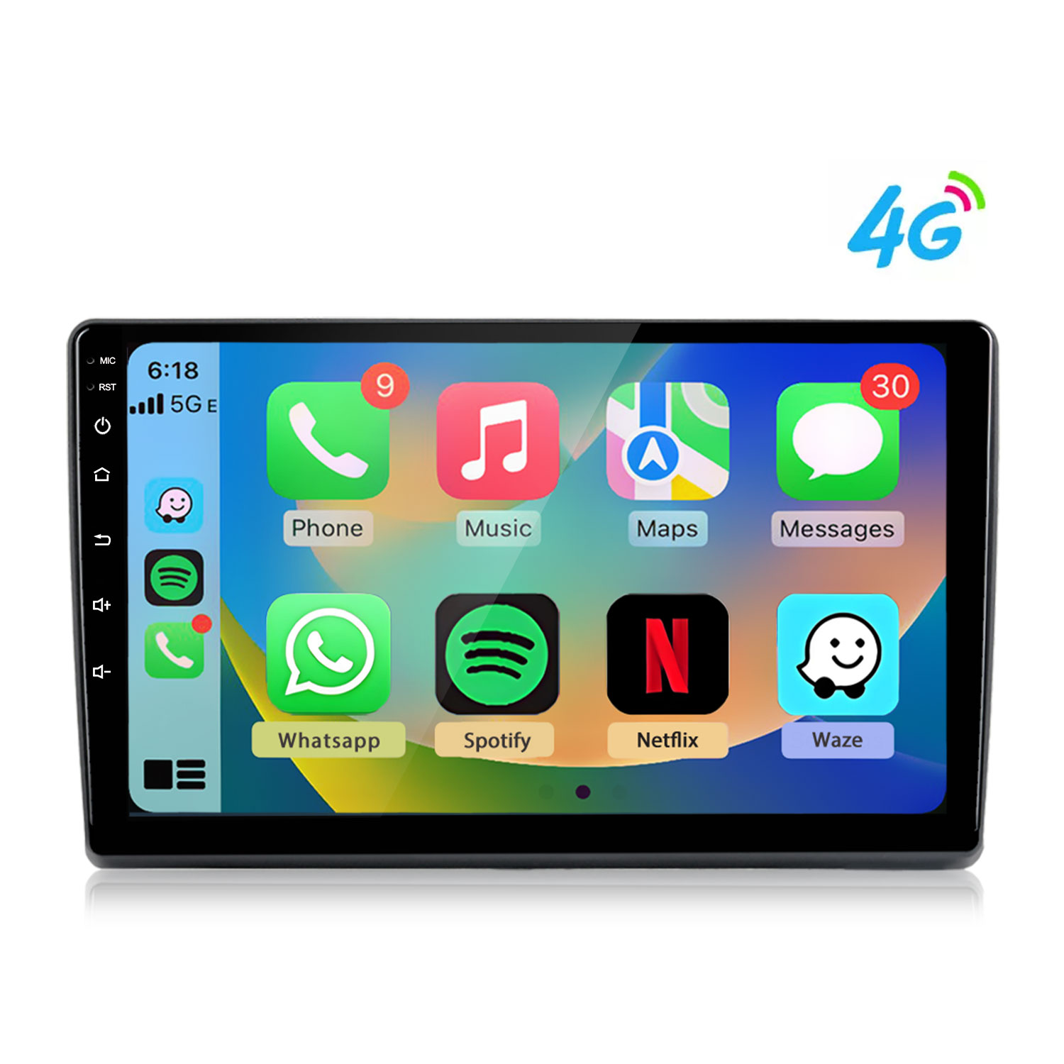 Ekran systemu infotainment samochodu z ikonami aplikacji: Telefon, Muzyka, Mapy, Wiadomości, Whatsapp, Spotify, Netflix i Waze.