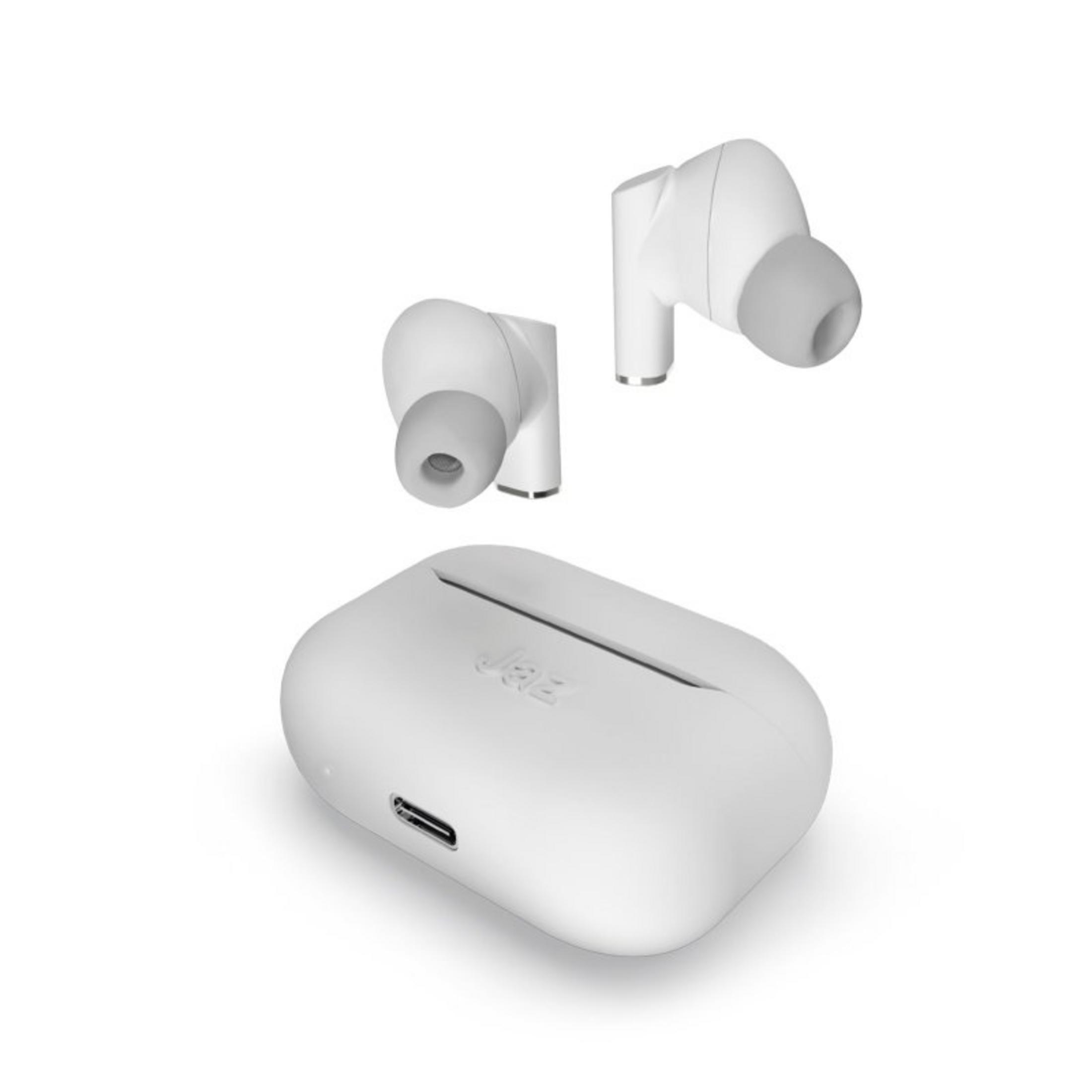 Auricolari bianchi e custodia di ricarica con porta USB-C.