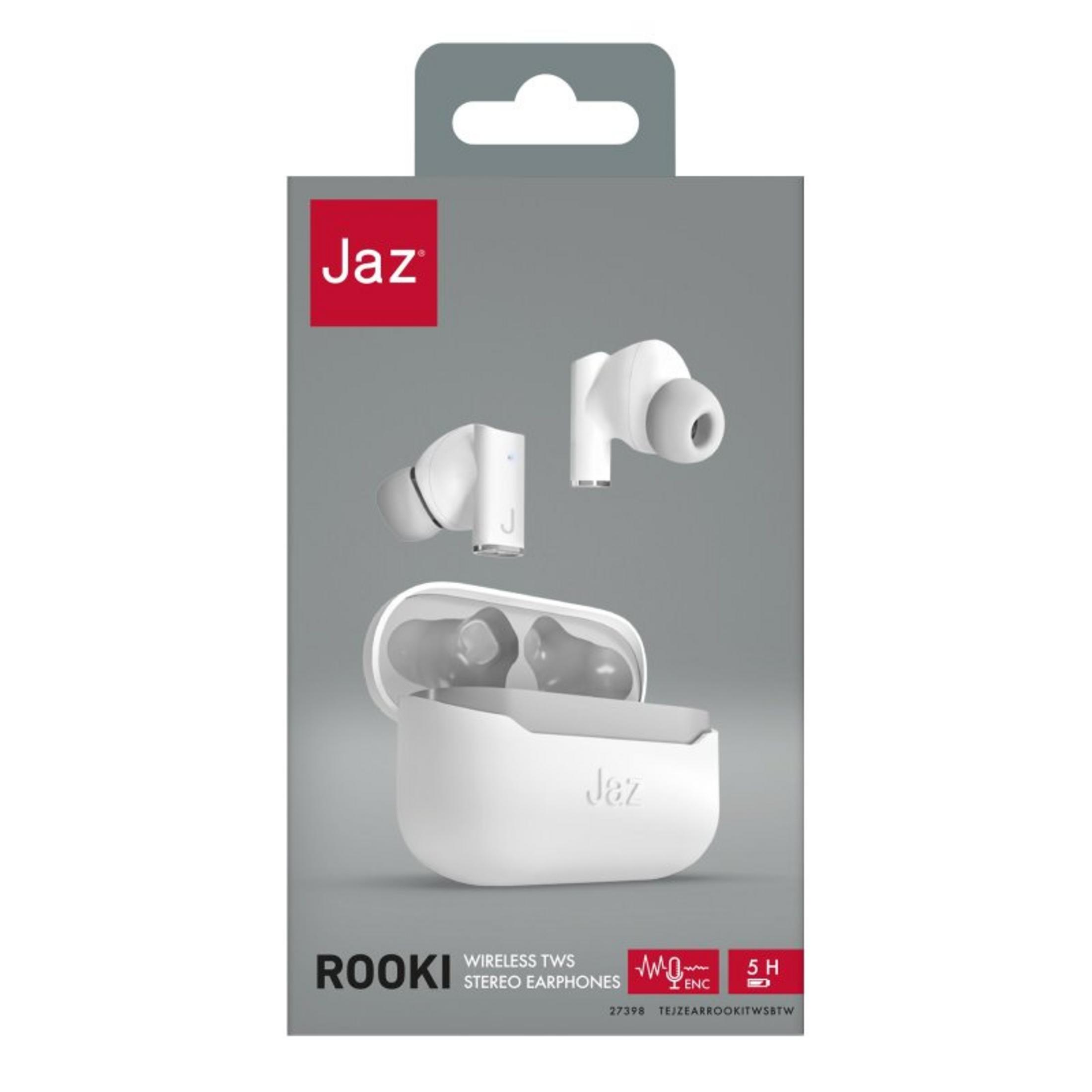 Auricolari stereo TWS wireless Jaz bianchi con custodia di ricarica.