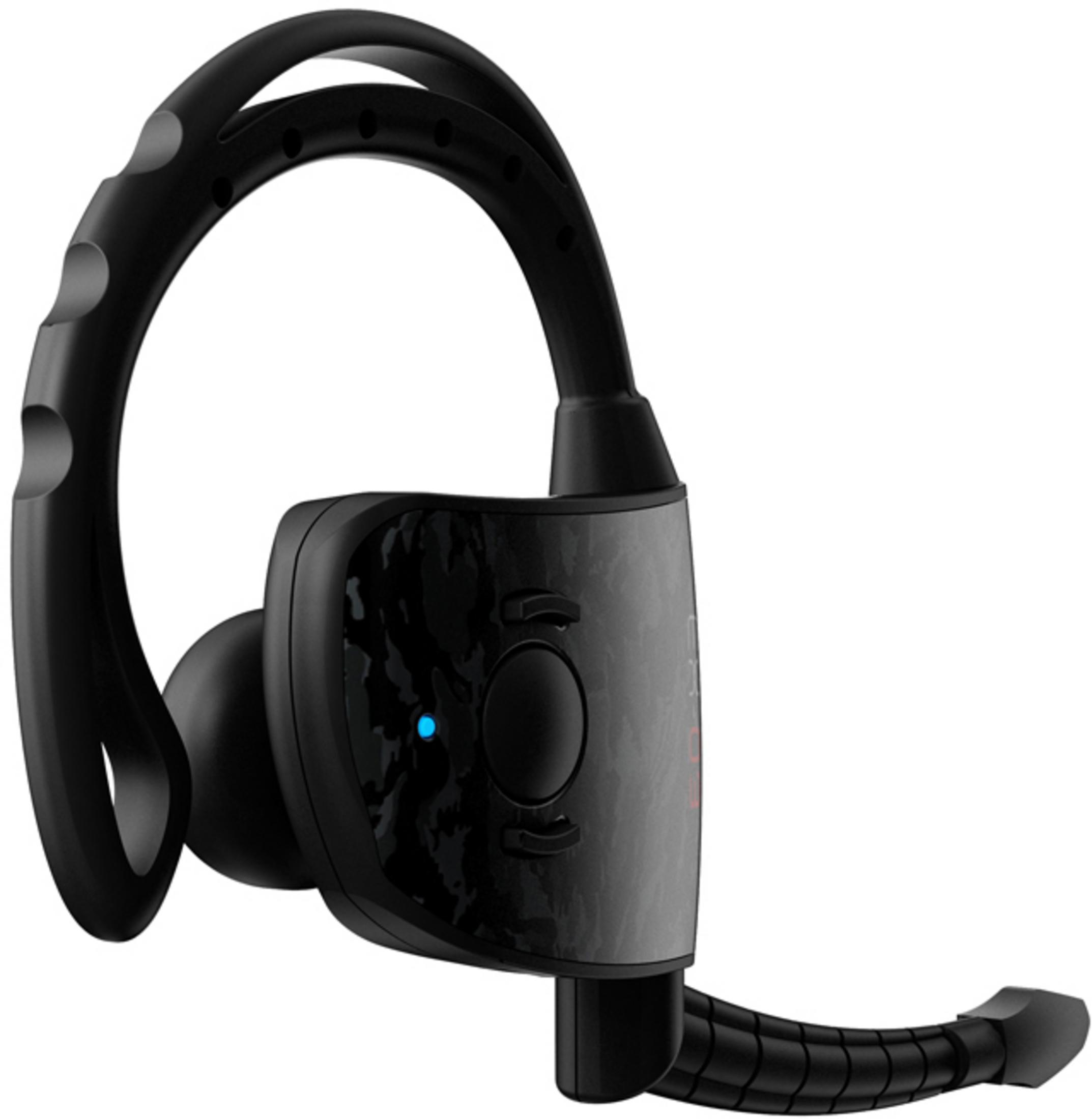 Auricolare nero con luce blu e motivo mimetico.