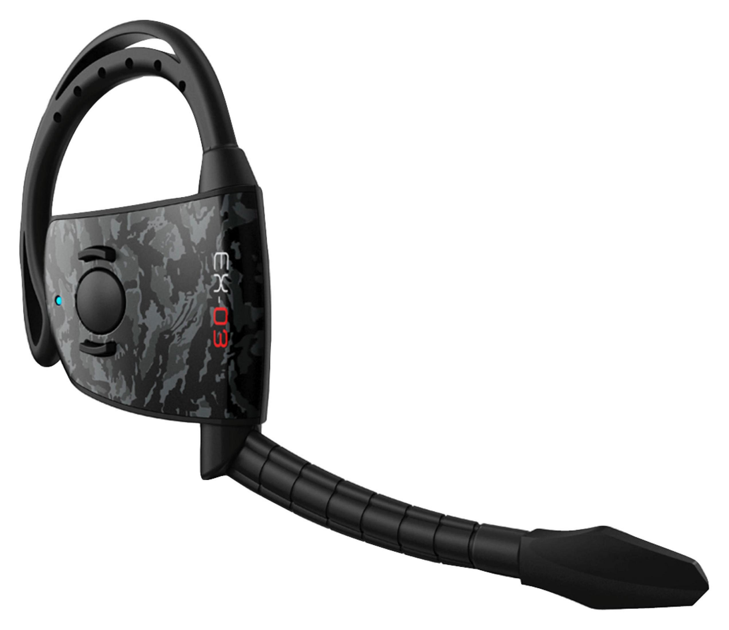 Un auricolare Bluetooth nero con motivo mimetico e braccio microfonico.