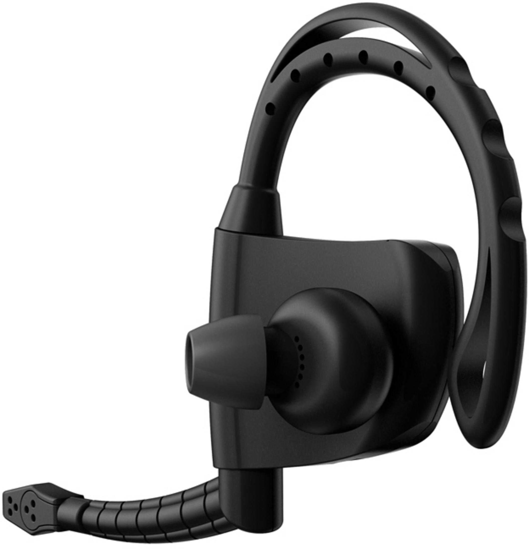Auricolare nero ergonomico con gancio per l'orecchio e cavi flessibili.