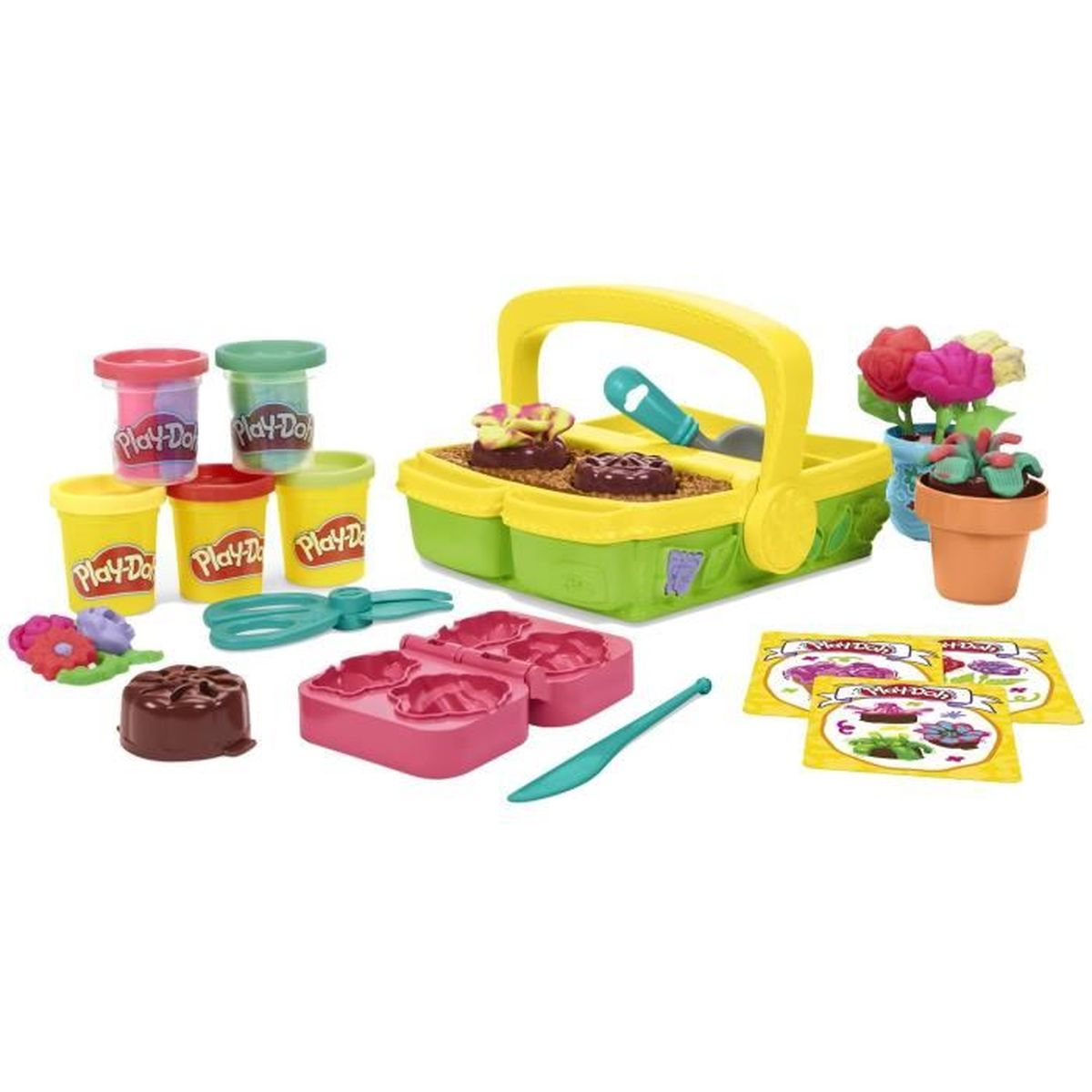 Set de jardín Play-Doh con cesta, herramientas, macetas, flores y masa.