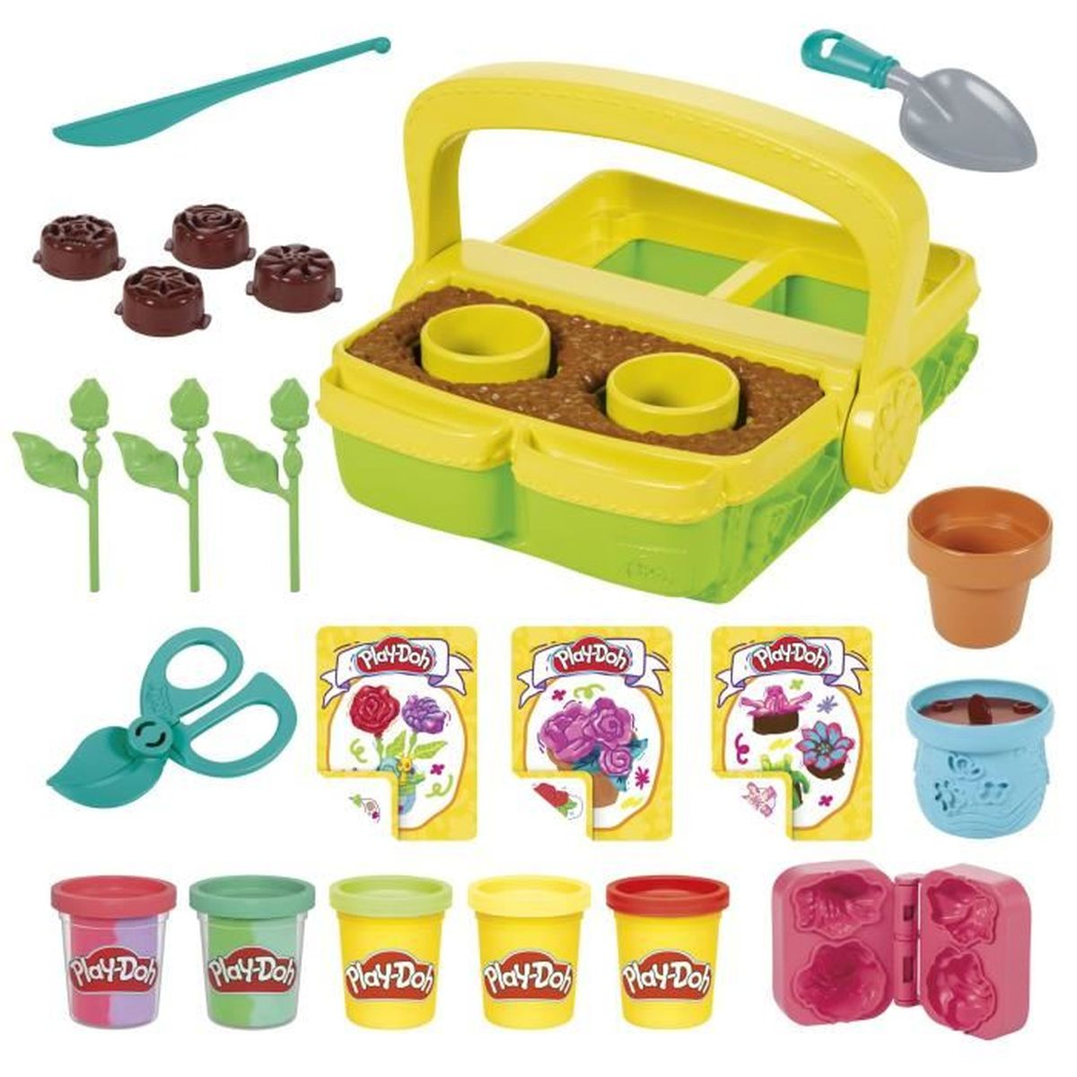 Un set de jardinería Play-Doh con herramientas, macetas, cortadores y latas.