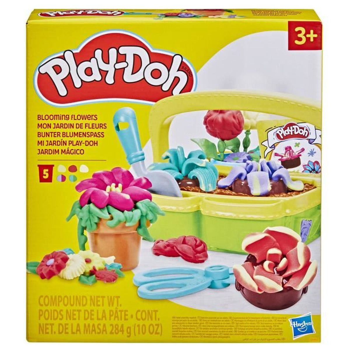 Set de Play-Doh con herramientas de jardinería y creaciones de flores.