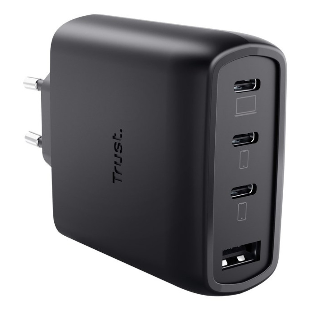 Czarna ładowarka USB-C z trzema portami USB-C i jednym portem USB-A.