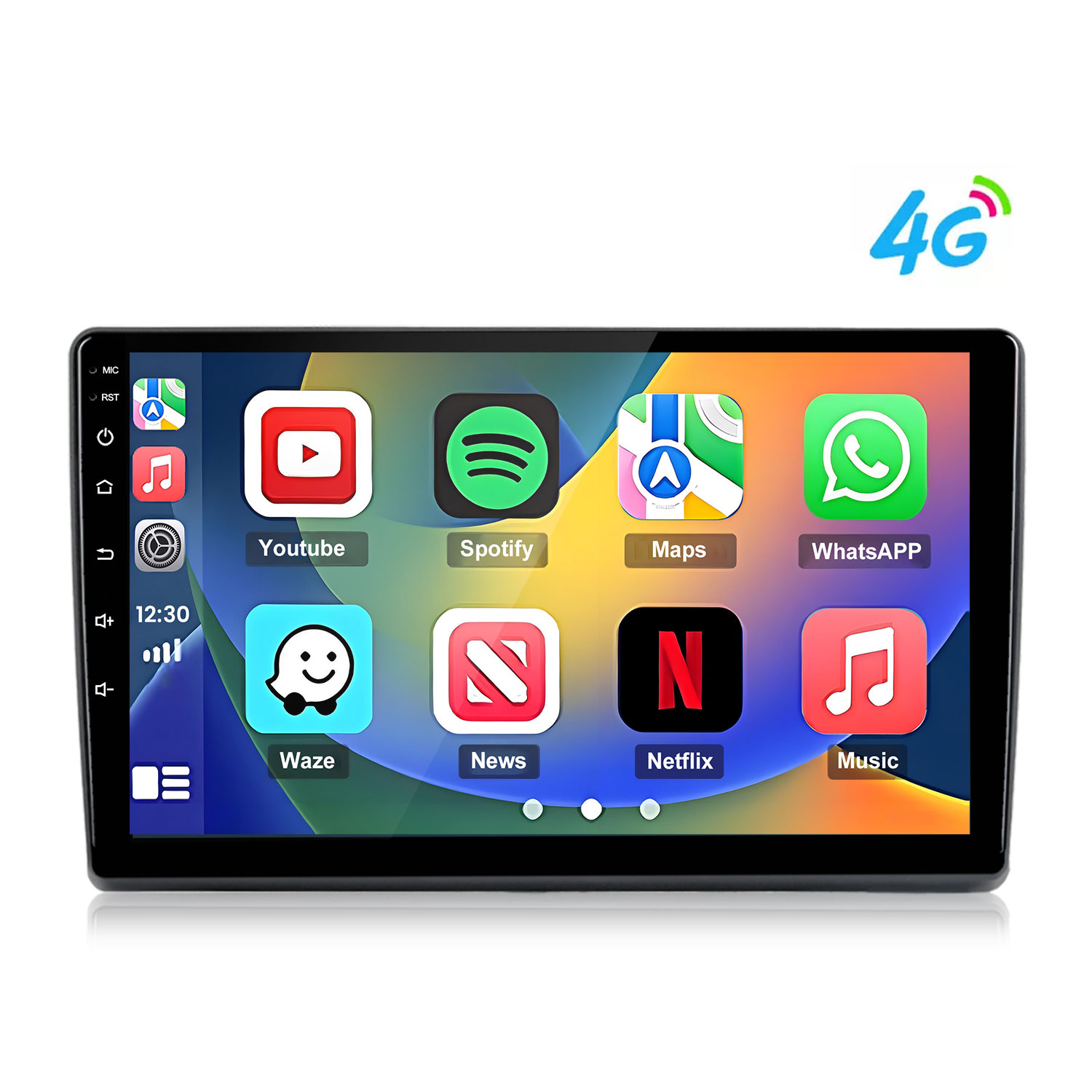 Ein Autoradio-Bildschirm mit App-Symbolen wie YouTube, Spotify, Maps, WhatsApp, Waze, News, Netflix und Musik. 4G-Symbol oben rechts.