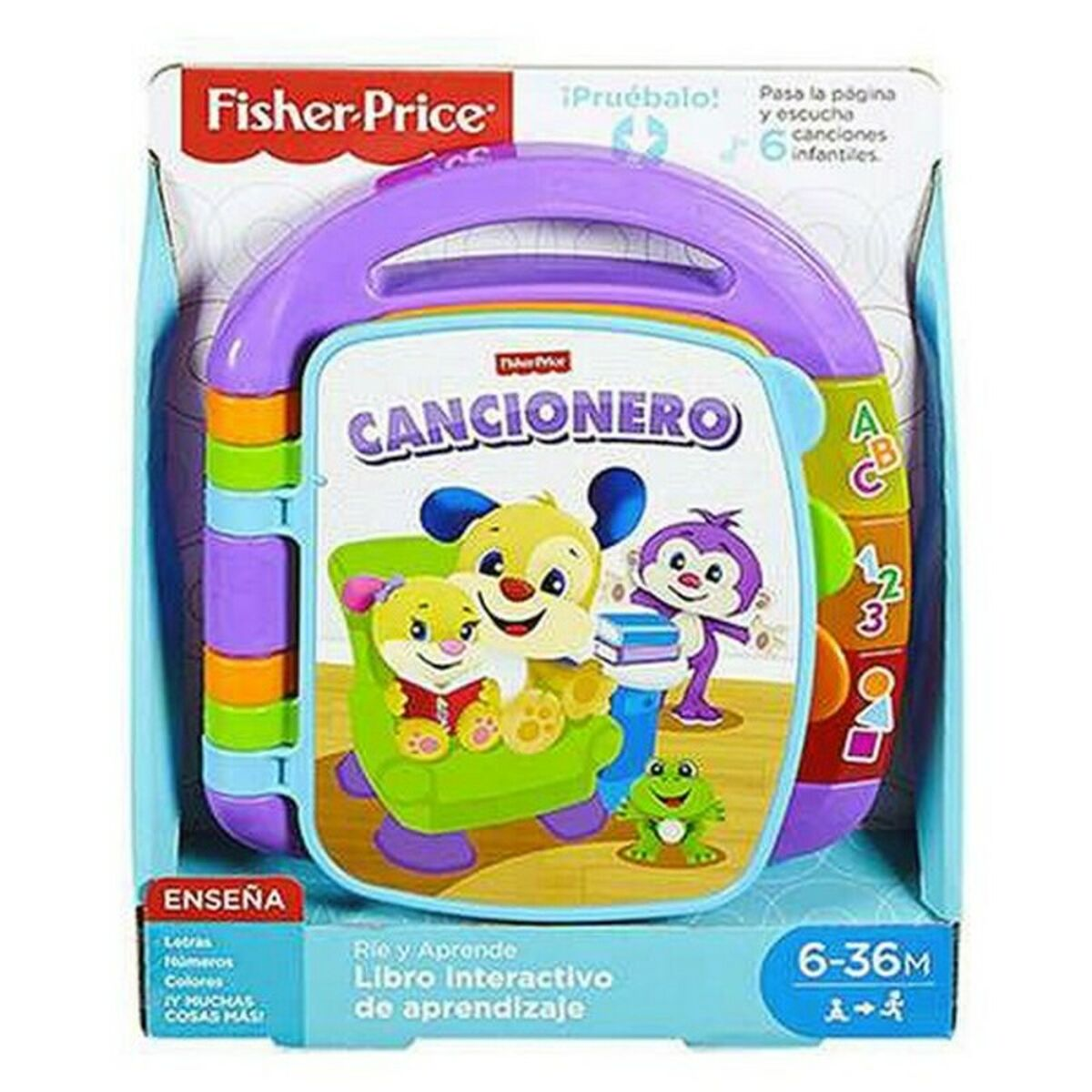 Libro de canciones Fisher-Price con personajes y números. Morado y amarillo.