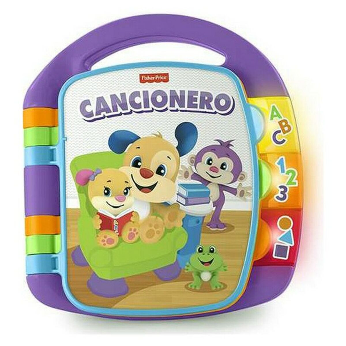 Un libro Fisher-Price con animales, números y letras. Un perro se sienta con un cachorro en una silla.