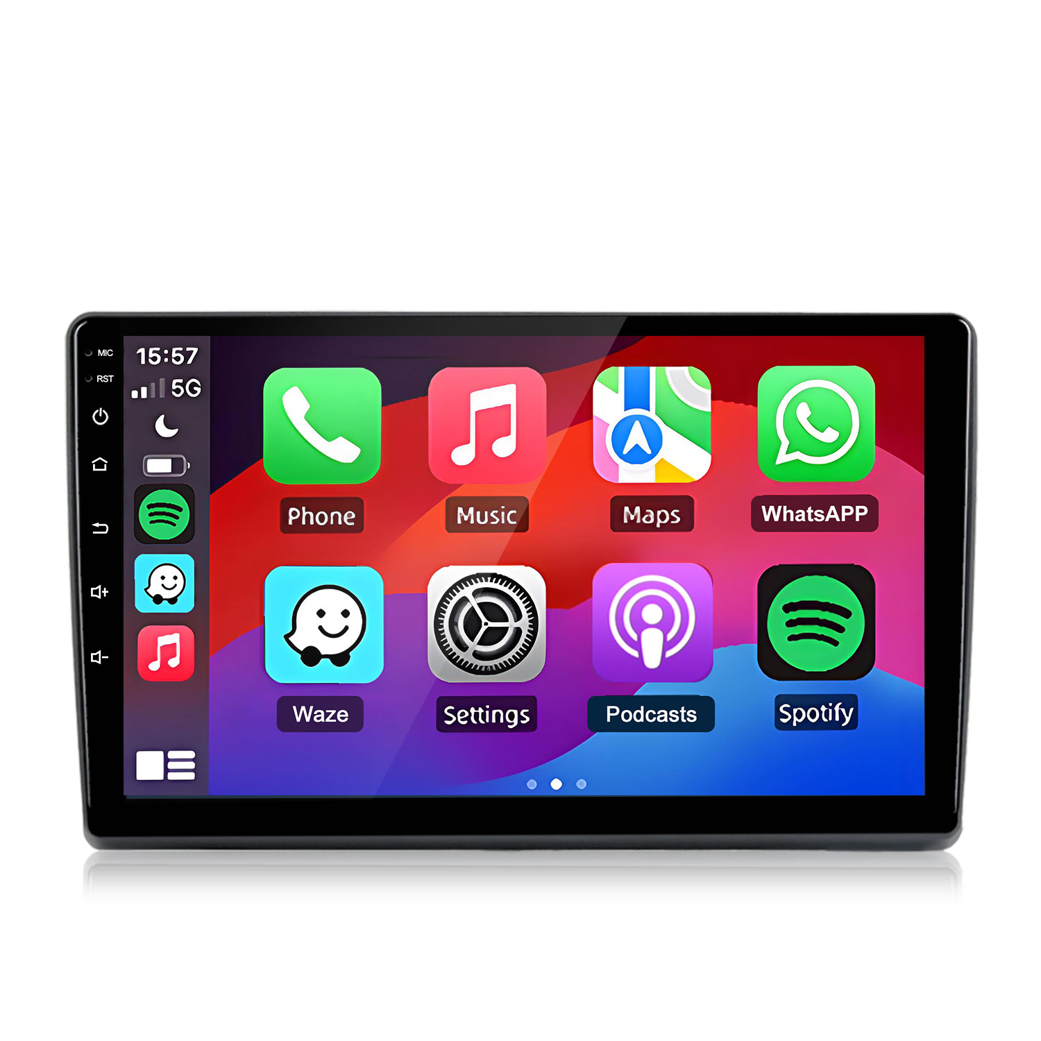 Ekran dotykowy radia samochodowego z ikonami aplikacji: Telefon, Muzyka, Mapy, WhatsApp, Waze, Ustawienia, Podcasty, Spotify.