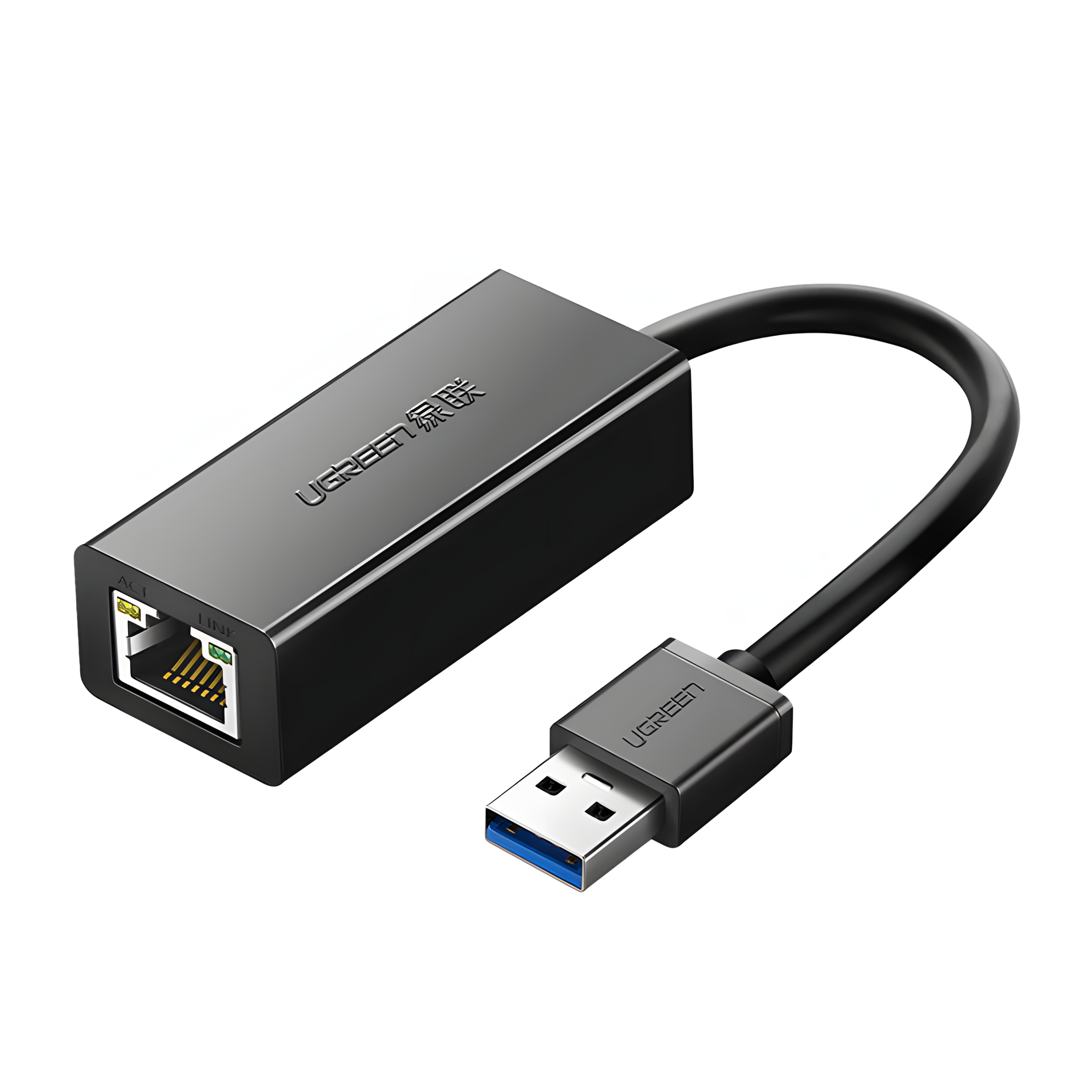 Czarny adapter USB na Ethernet z logo UGREEN, na białym tle.