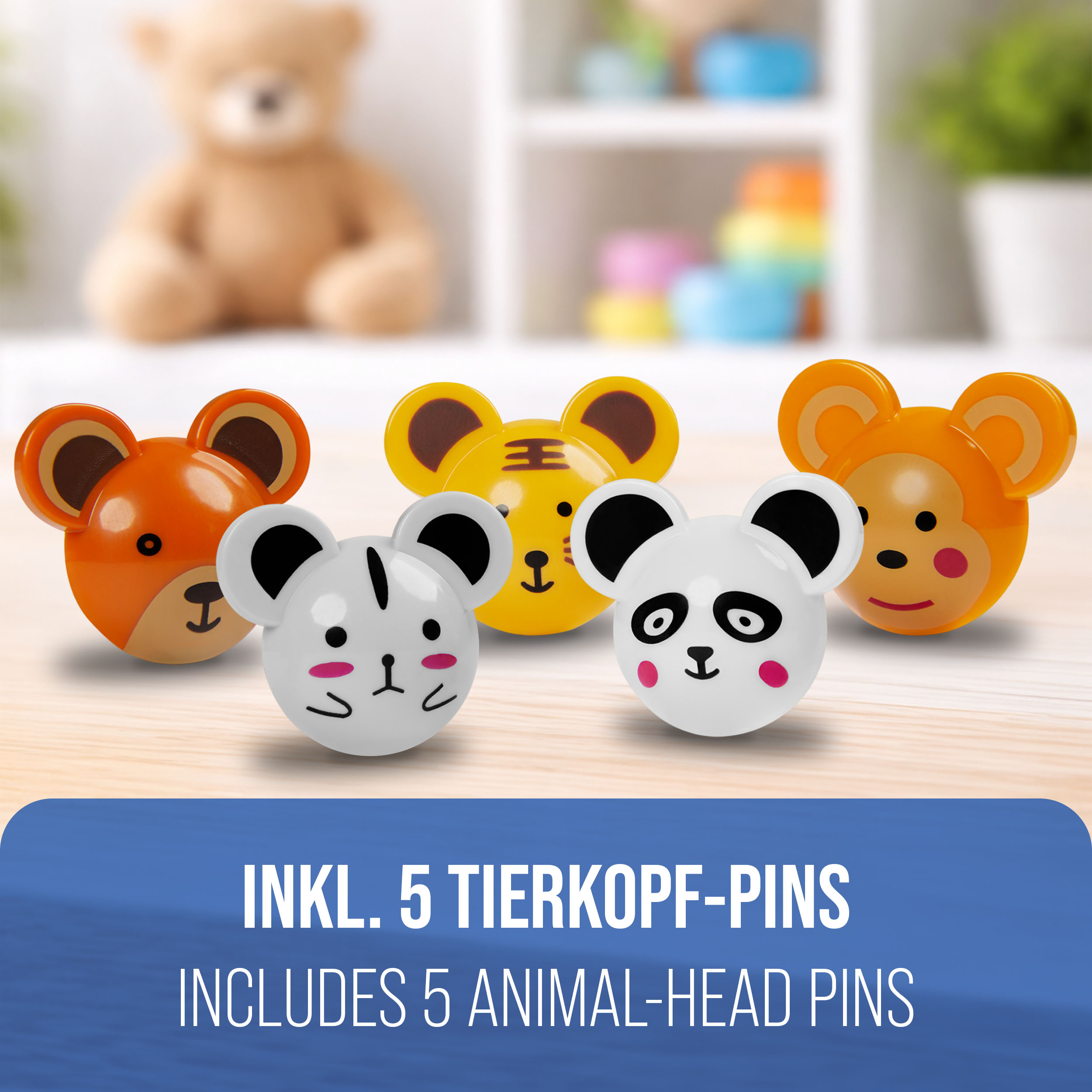 Fünf bunte Tierkopf-Pins: Tiger, Panda, Maus, Affe und Fuchs.