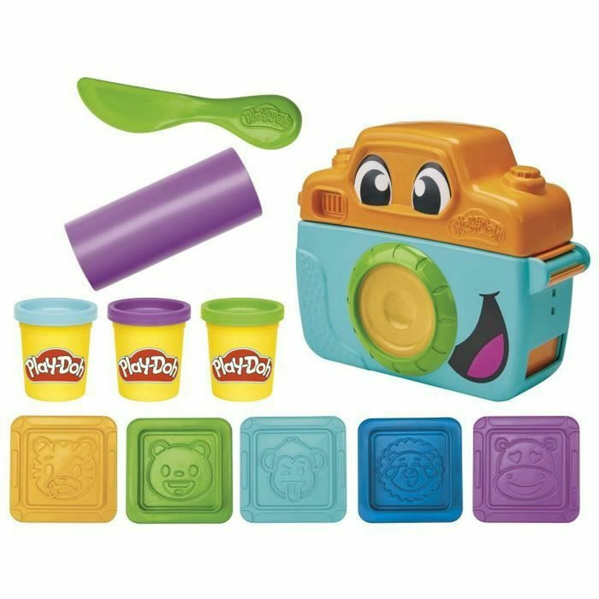 Un set de cámara Play-Doh con masa, sellos y una herramienta.