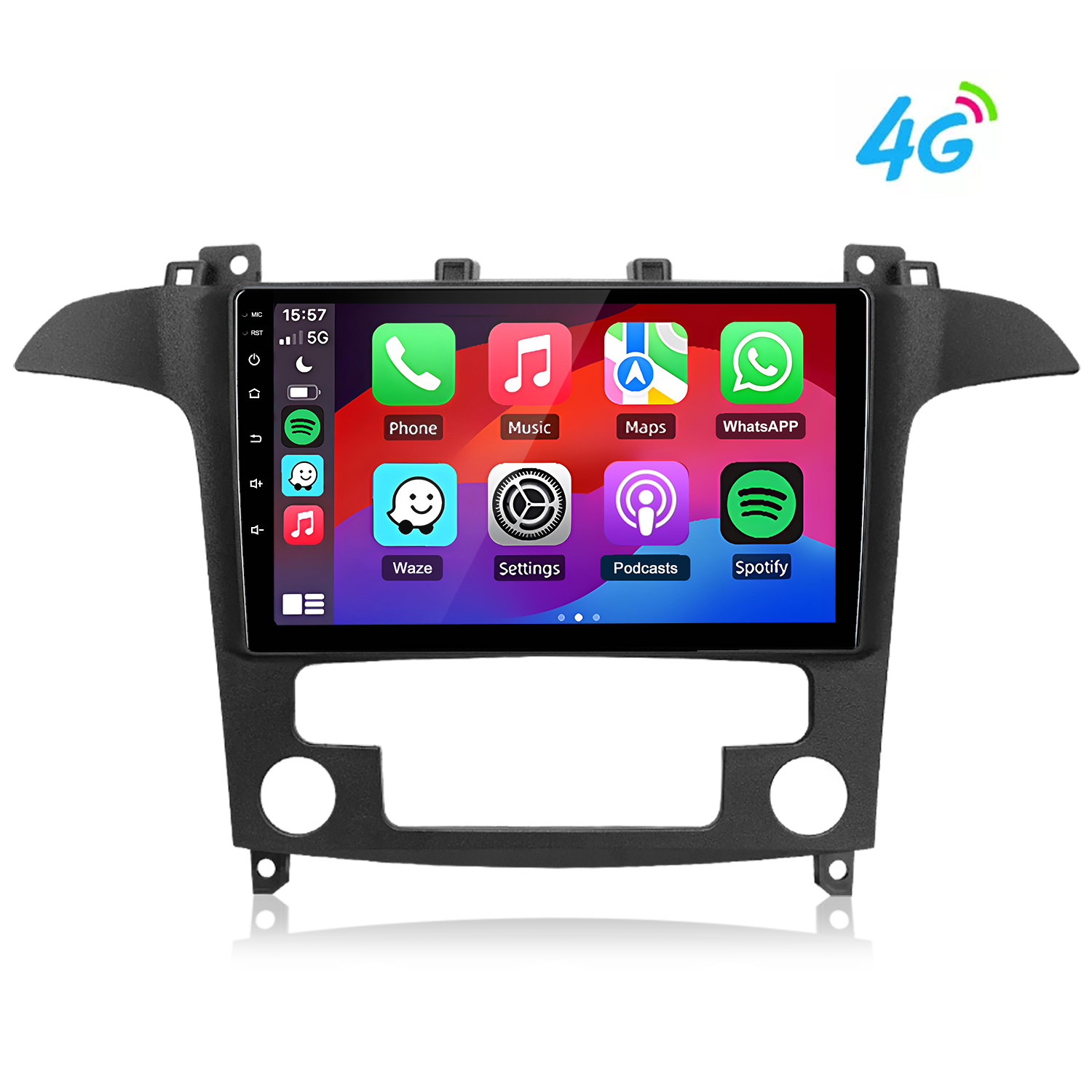 Cornice autoradio nera con touchscreen che mostra icone di app. Logo 4G in alto a destra.