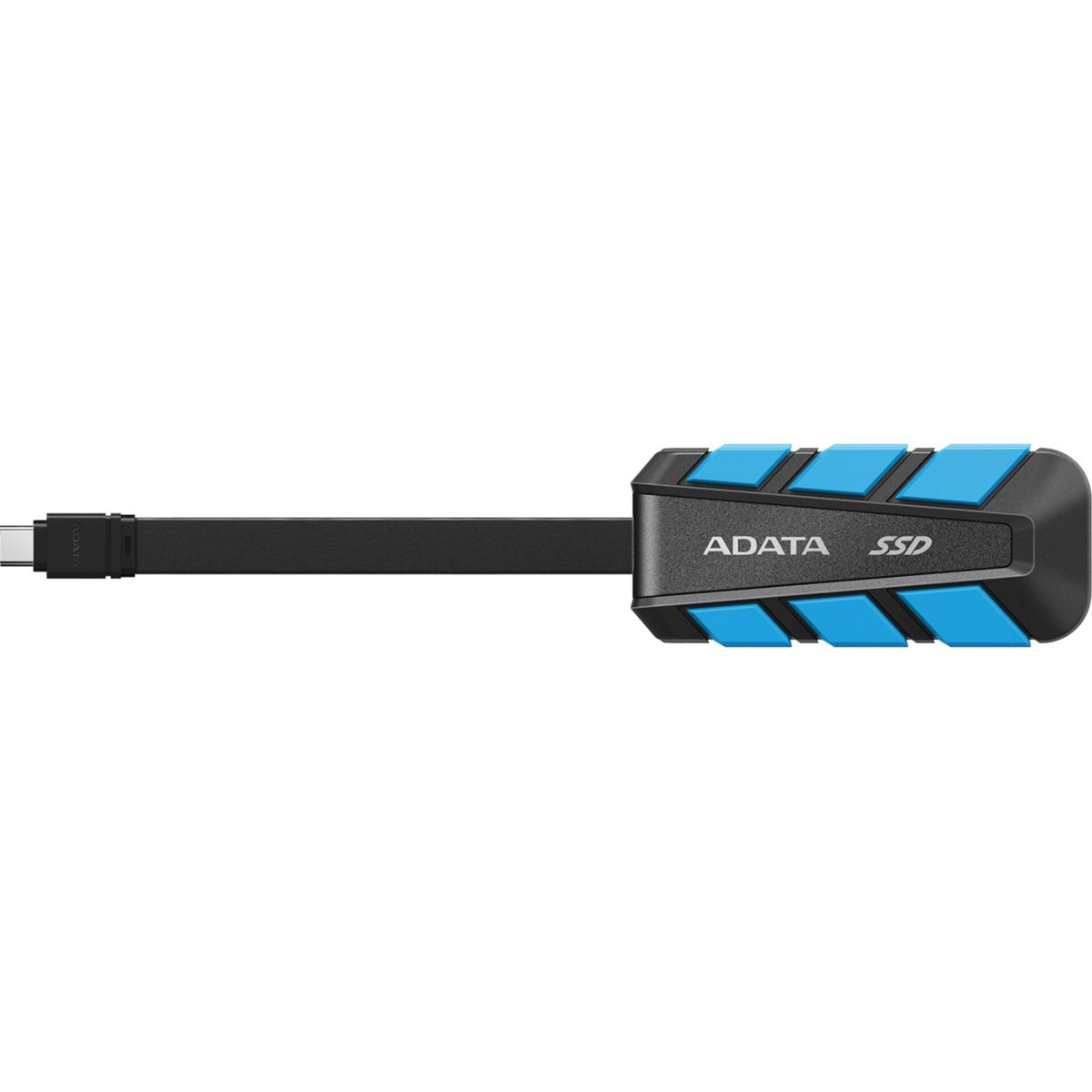 Czarny dysk SSD ADATA z niebieskimi akcentami i złączem USB-C.