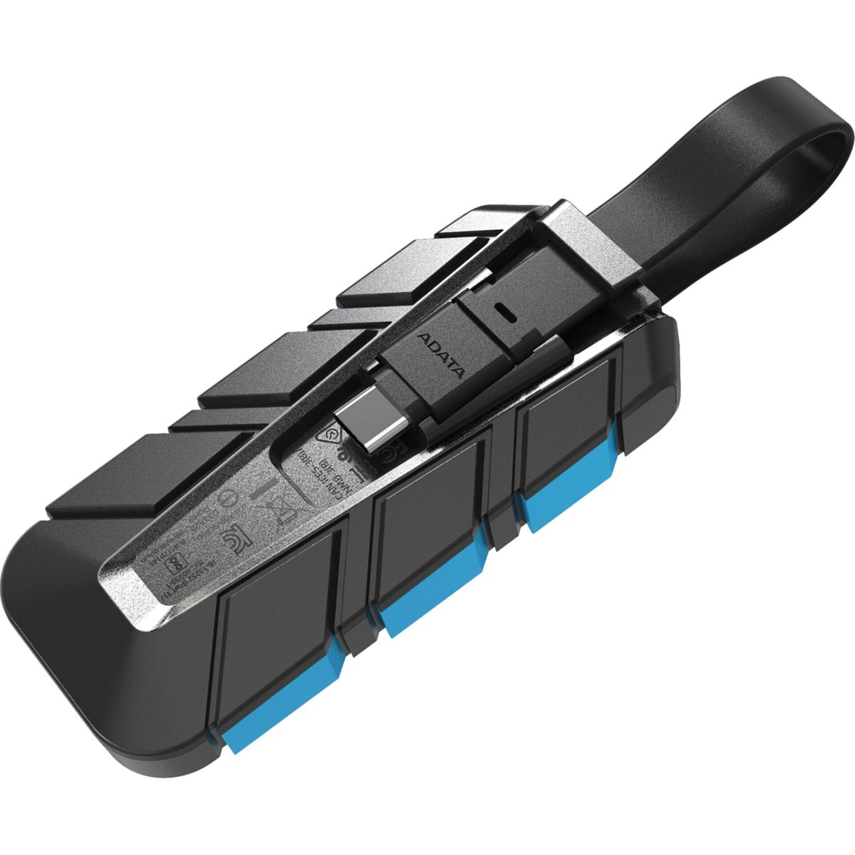 Czarny dysk zewnętrzny ADATA z niebieskimi akcentami i kablem. Solidna konstrukcja.