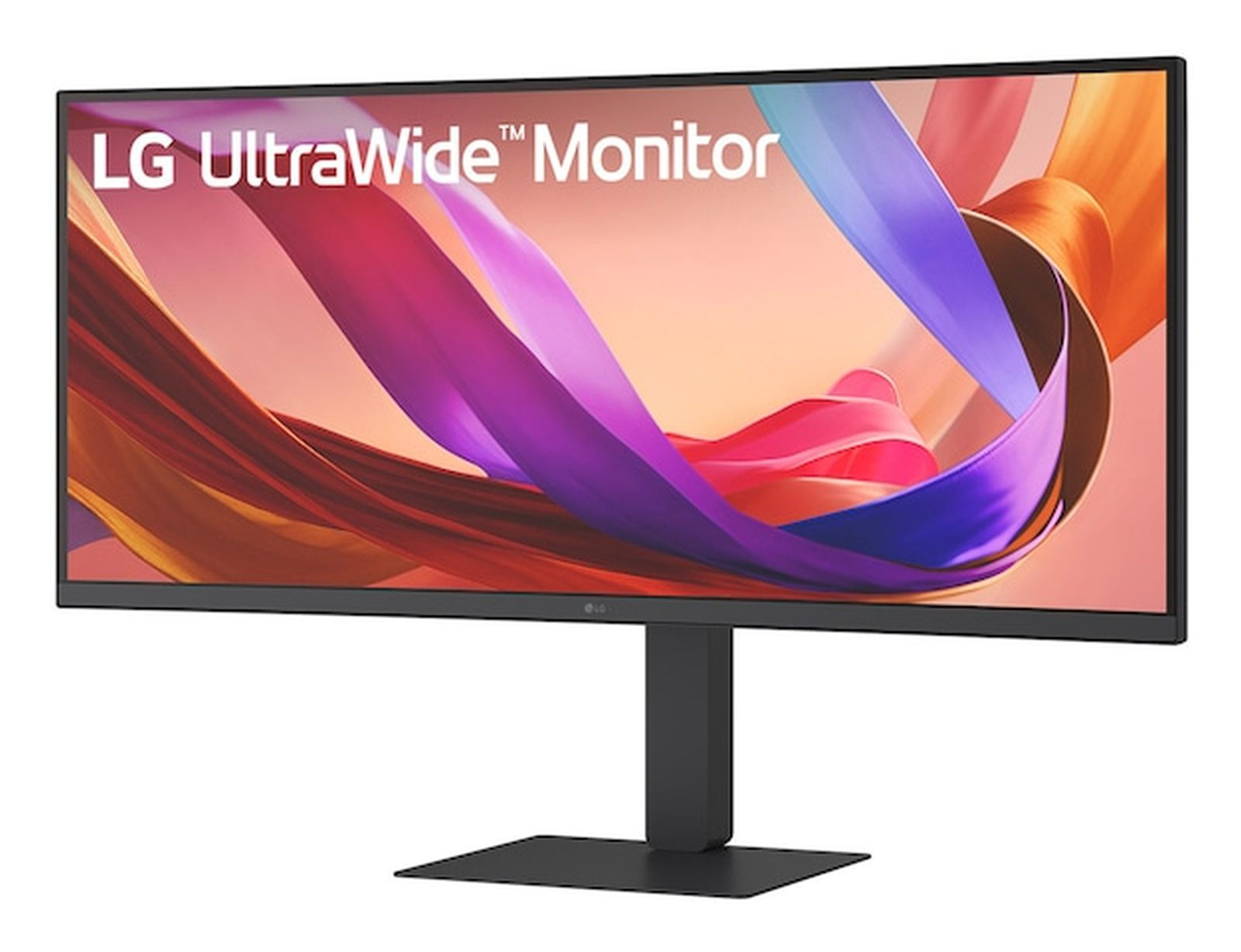 Monitor LG UltraWide z abstrakcyjnym, kolorowym tłem.