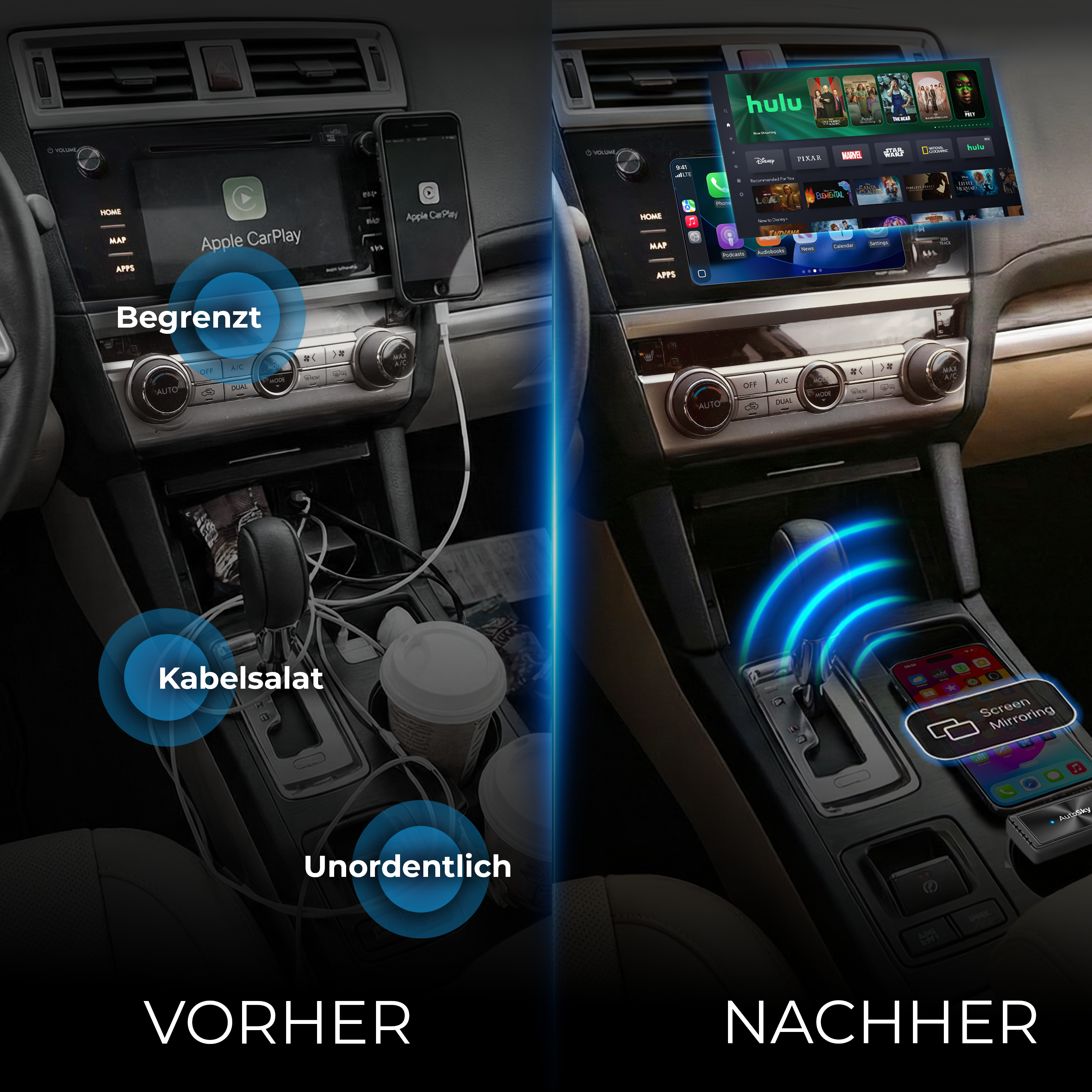 Vorher: Kabelchaos im Auto. Nachher: Smartphone-Bildschirm wird gespiegelt.