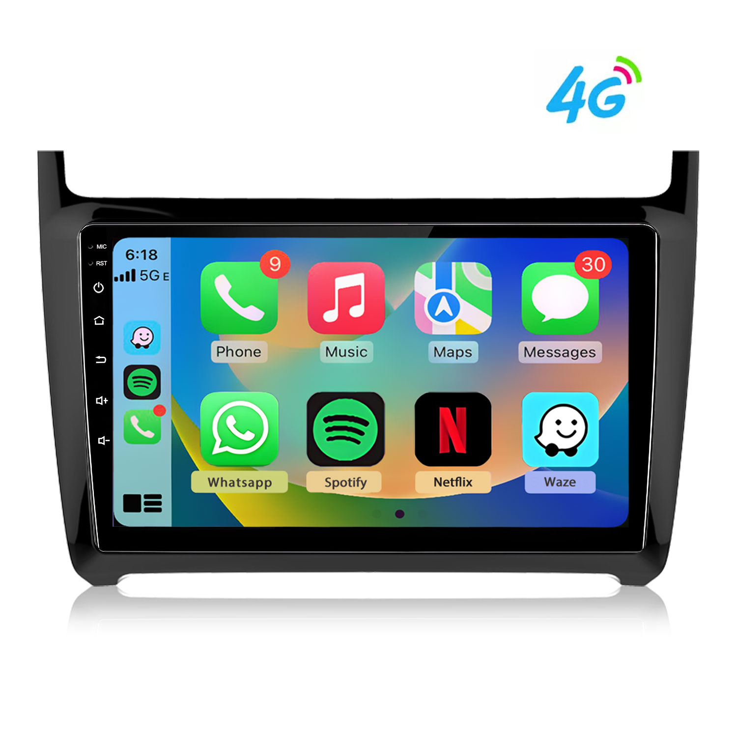 Uno schermo infotainment con icone di app: Telefono, Musica, Mappe, Messaggi, Whatsapp, Spotify, Netflix e Waze.
