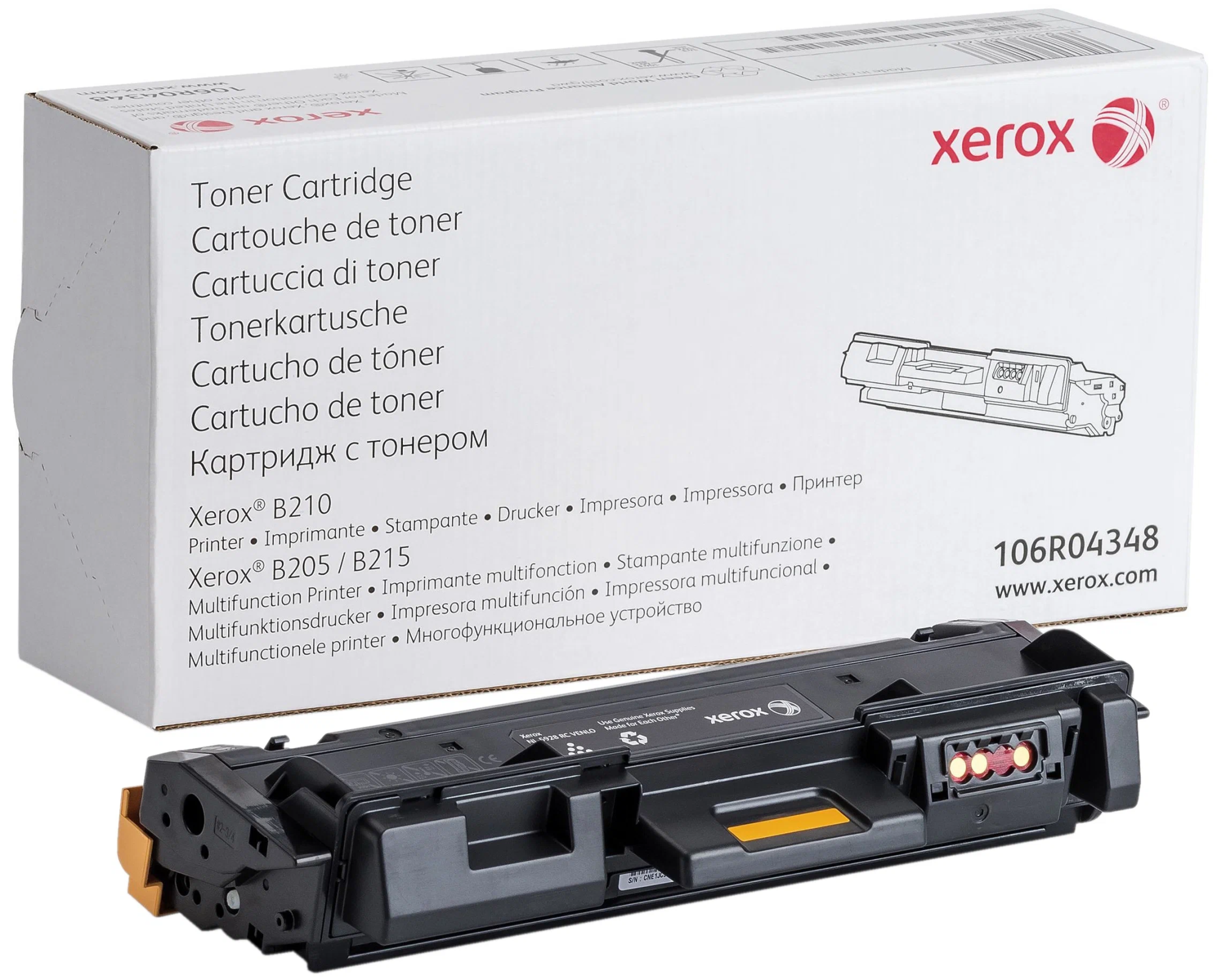 Toner Xerox obok białego pudełka z informacjami o produkcie i ilustracją.