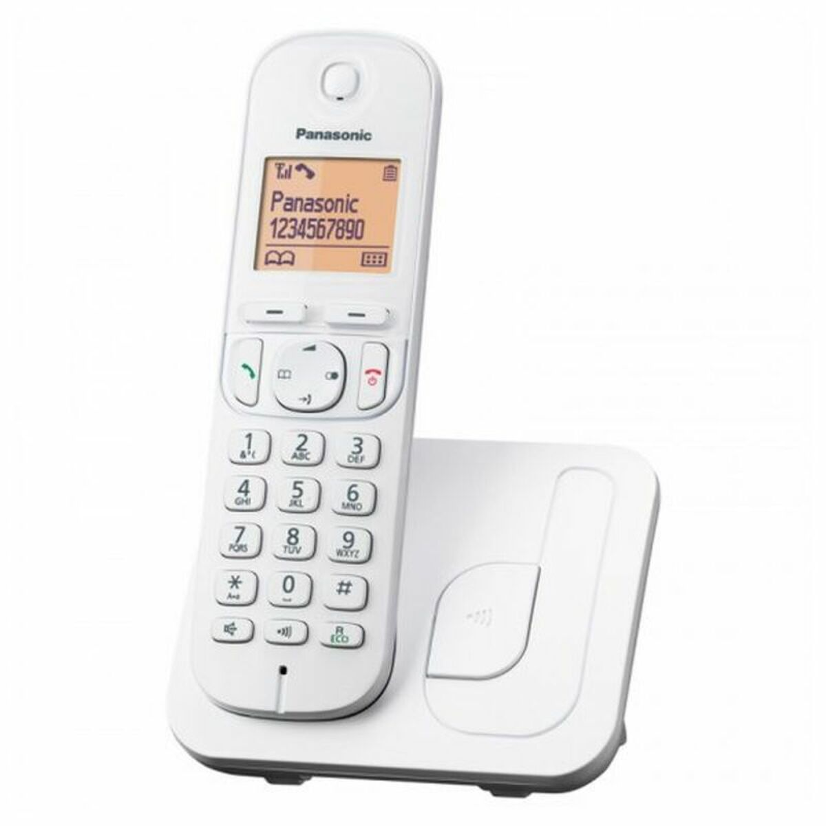 Teléfono inalámbrico Panasonic blanco con teclado numérico y pantalla en su base.