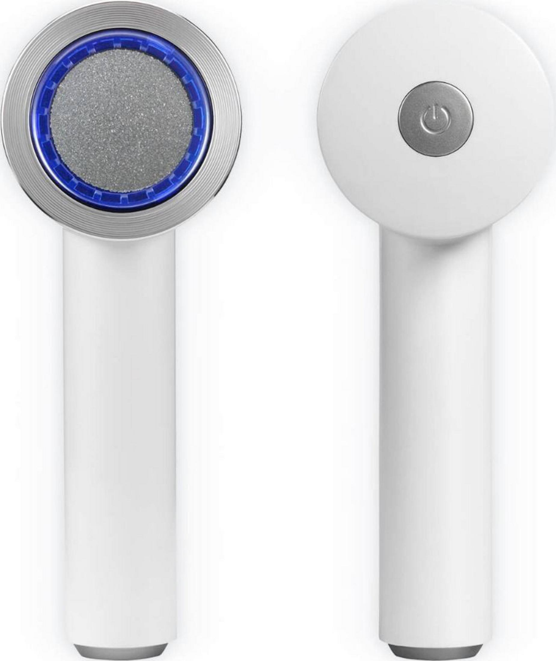 Dwa białe urządzenia z srebrnymi głowicami. Jeden ma niebieski pierścień, drugi przycisk.