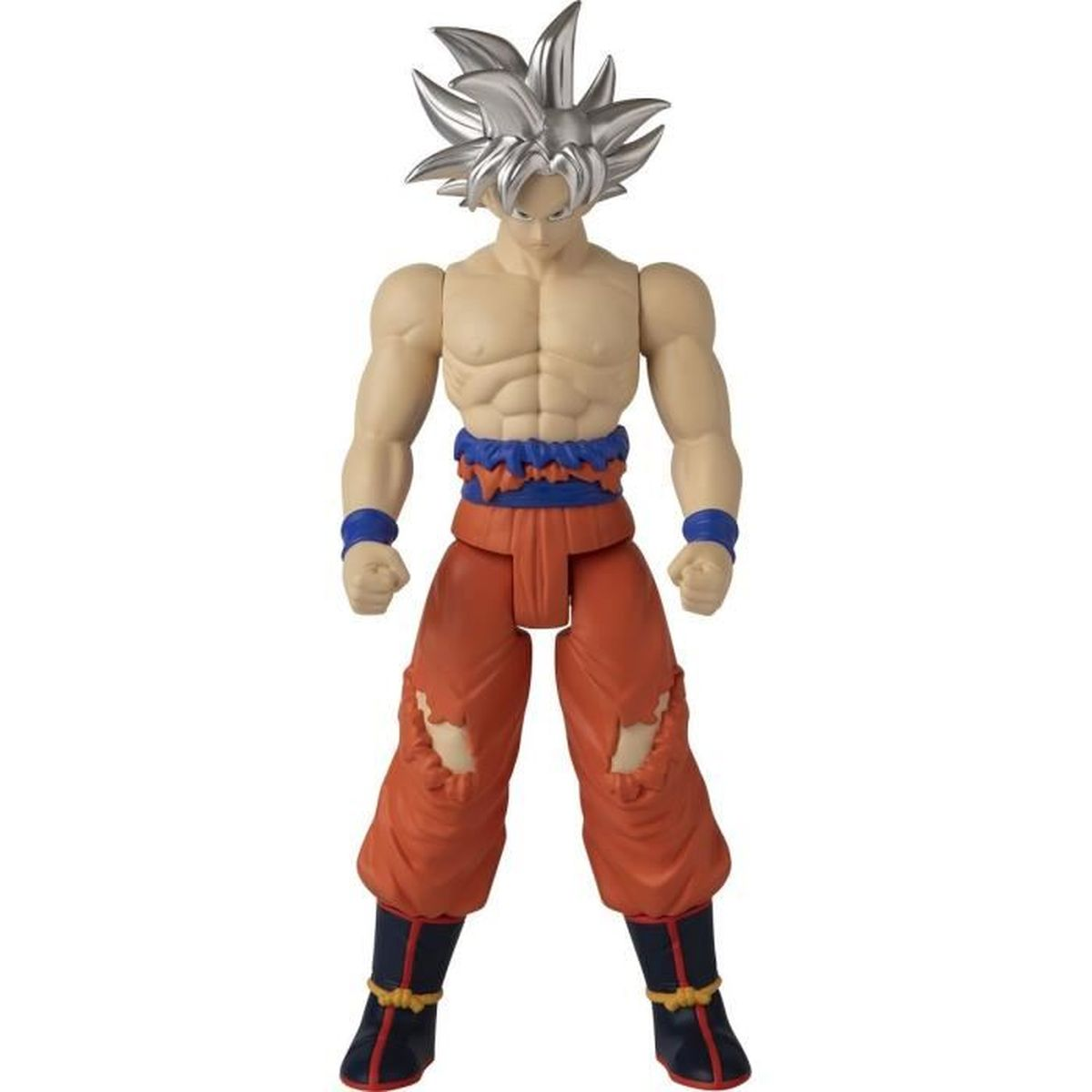 Una figura de acción de Goku con pelo plateado, torso desnudo y pantalones naranjas rotos.