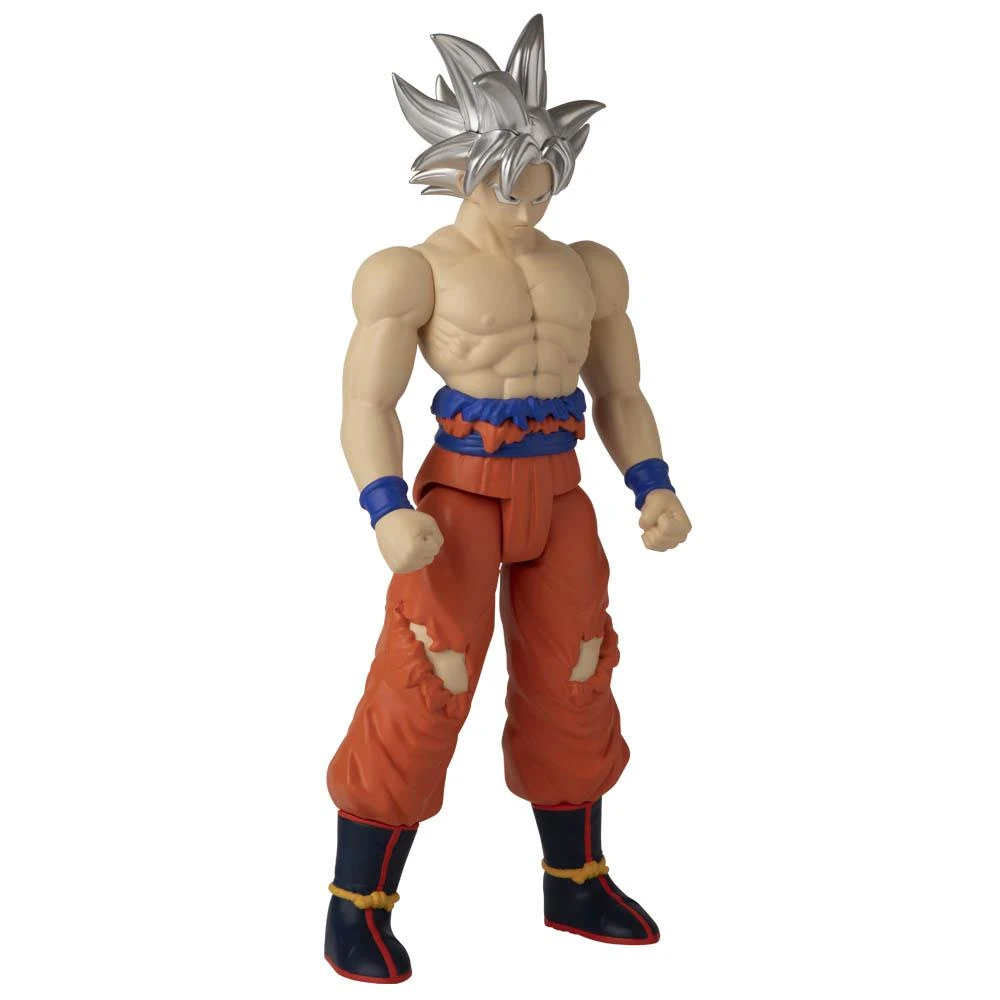 Figura de acción de Goku con pelo plateado, pantalones naranjas y fajín azul.