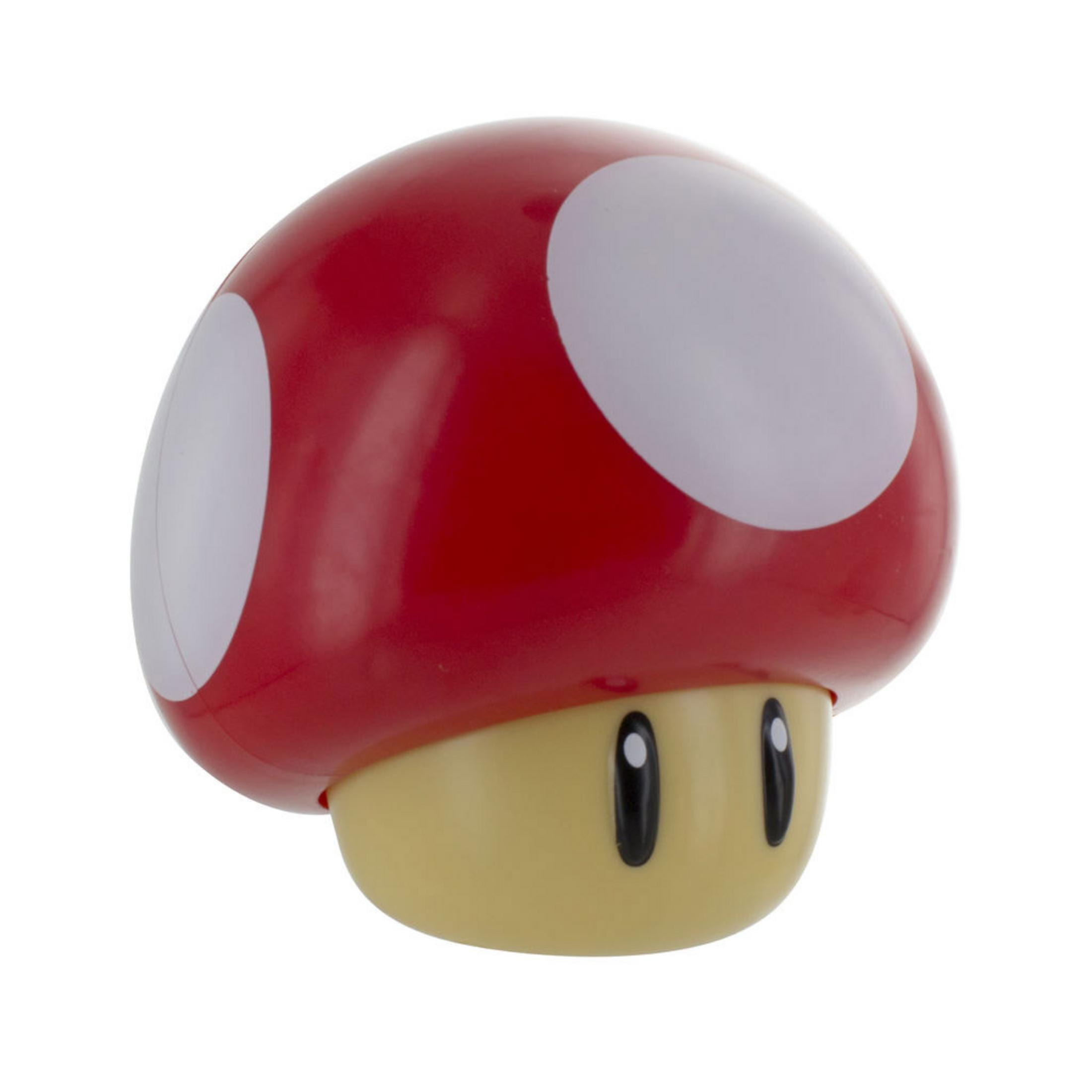 Una figura de hongo roja con puntos blancos y cara amarilla con ojos.