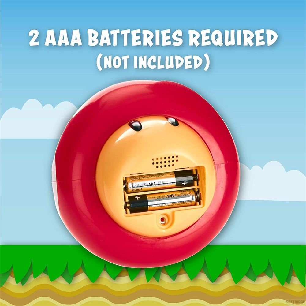 Reverso de un dispositivo rojo que muestra dos pilas AAA, no incluidas.