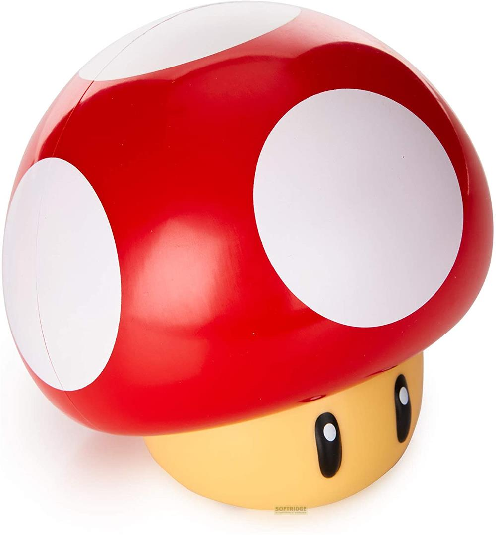 Un hongo rojo con puntos blancos y base amarilla con dos ojos.