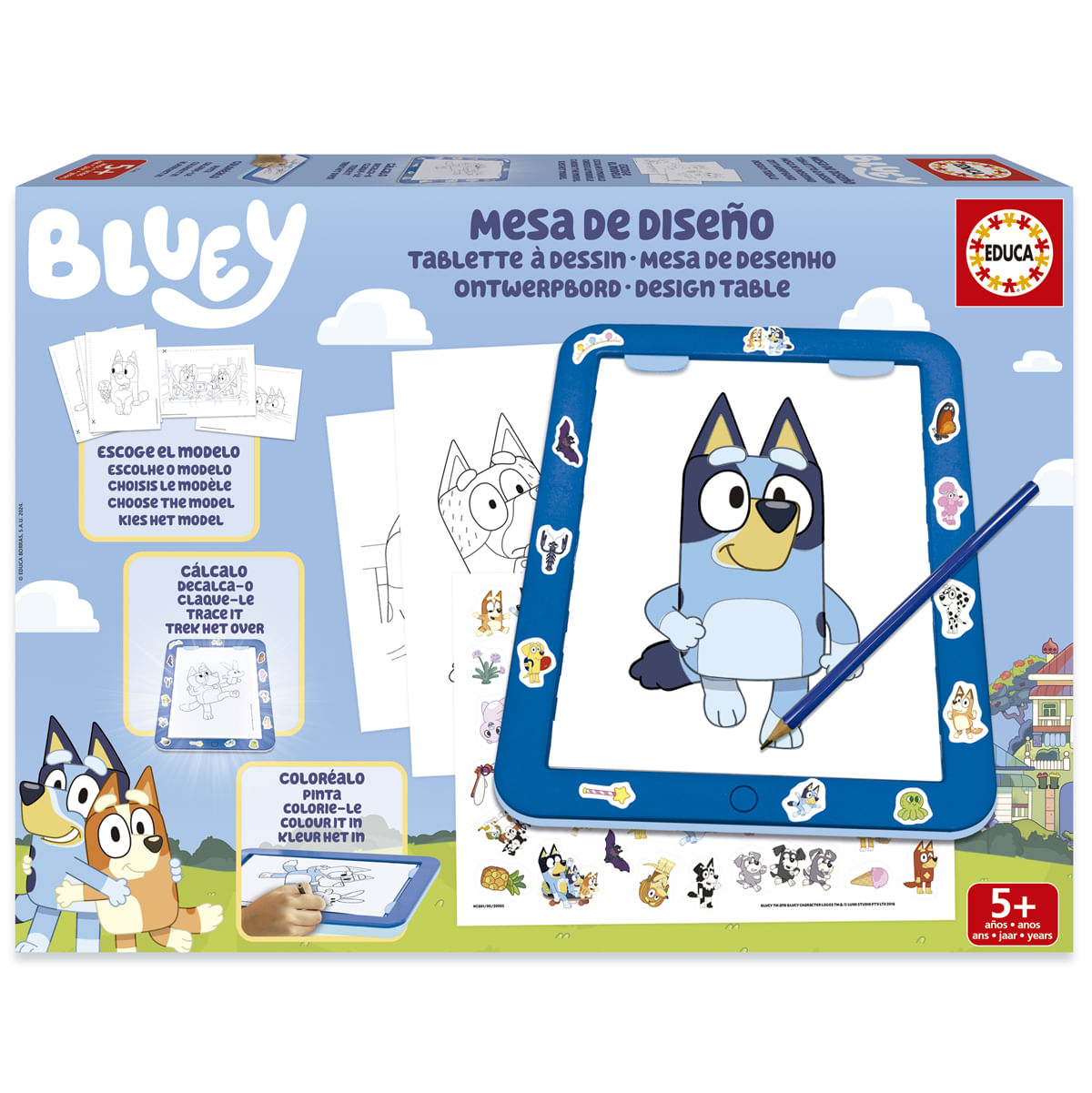 Mesa de diseño Bluey con bolígrafos, plantillas y pegatinas. Edad 5+.