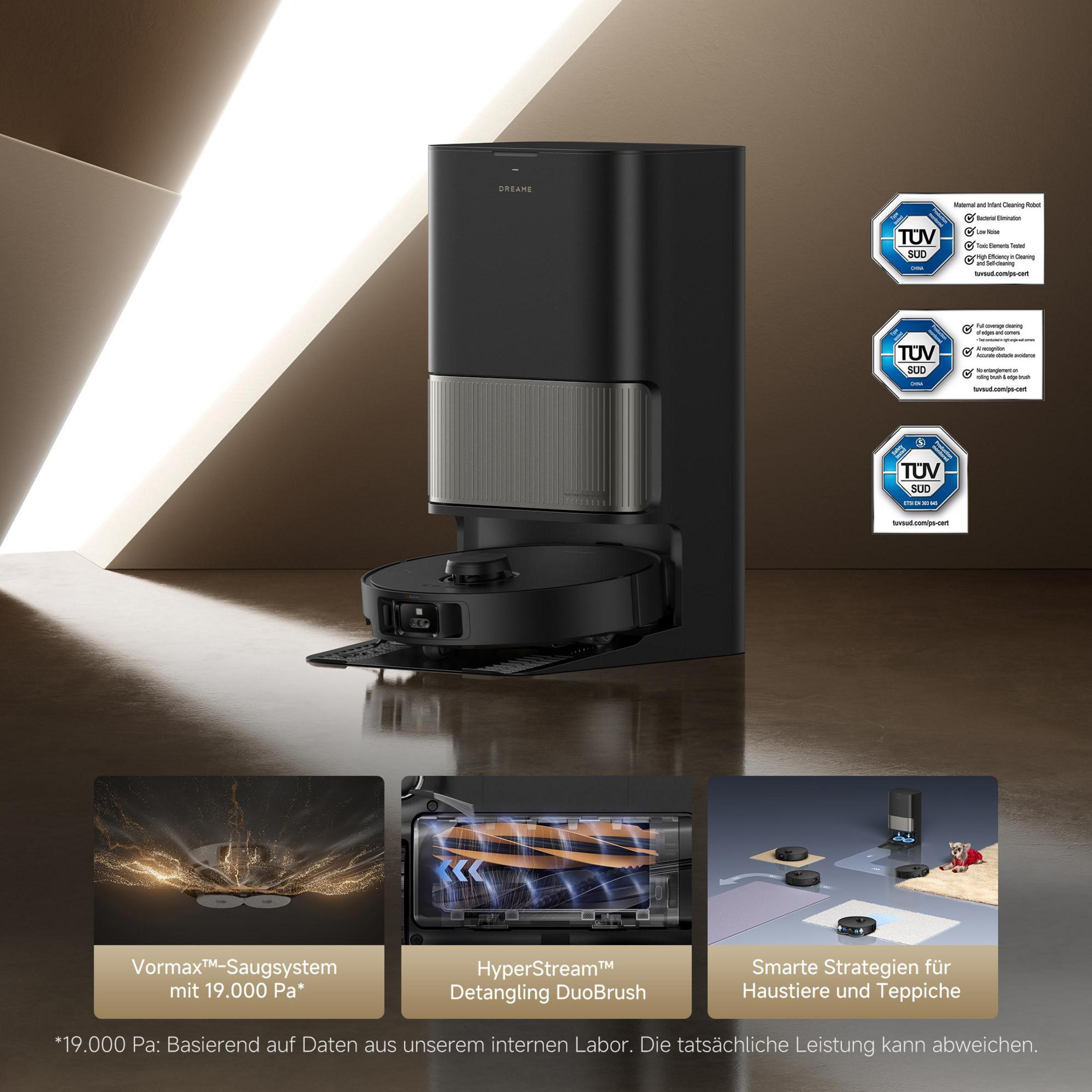 Czarny robot sprzątający ze stacją ładującą i trzema zdjęciami szczegółowymi.