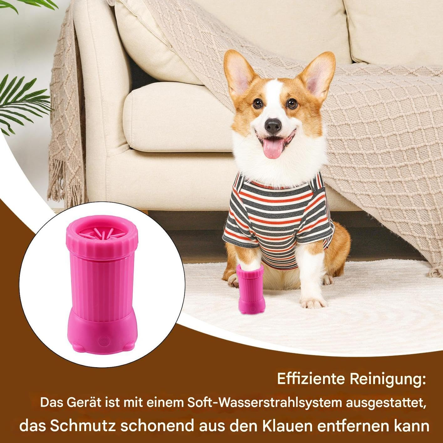 Ein Corgi im gestreiften Shirt sitzt neben einem pinken Hundepfotenreiniger.