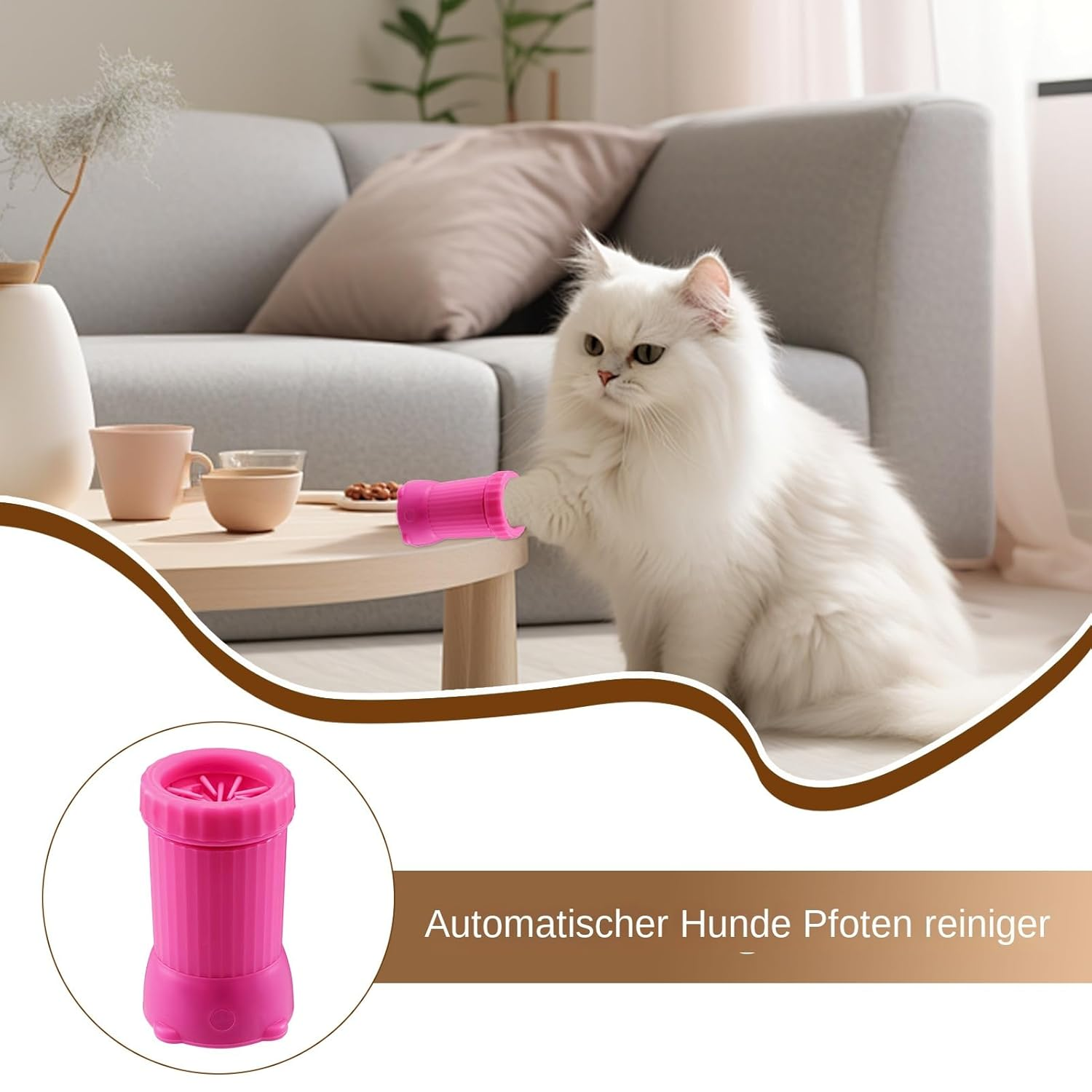 Weiße Katze neben einem rosa Pfotenreiniger, auf einem Tisch sind Tassen und Leckerlis.