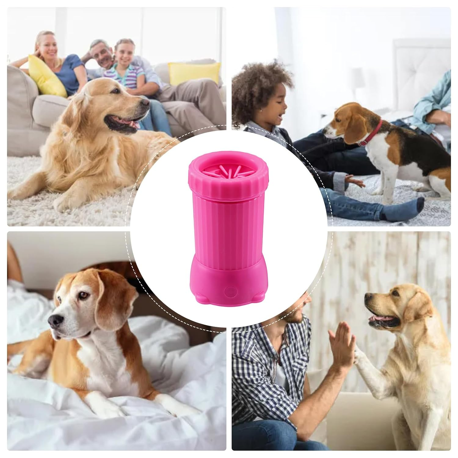 Vier Szenen mit Hunden und Menschen. Ein pinker Hunde-Pfotenreiniger in der Mitte.