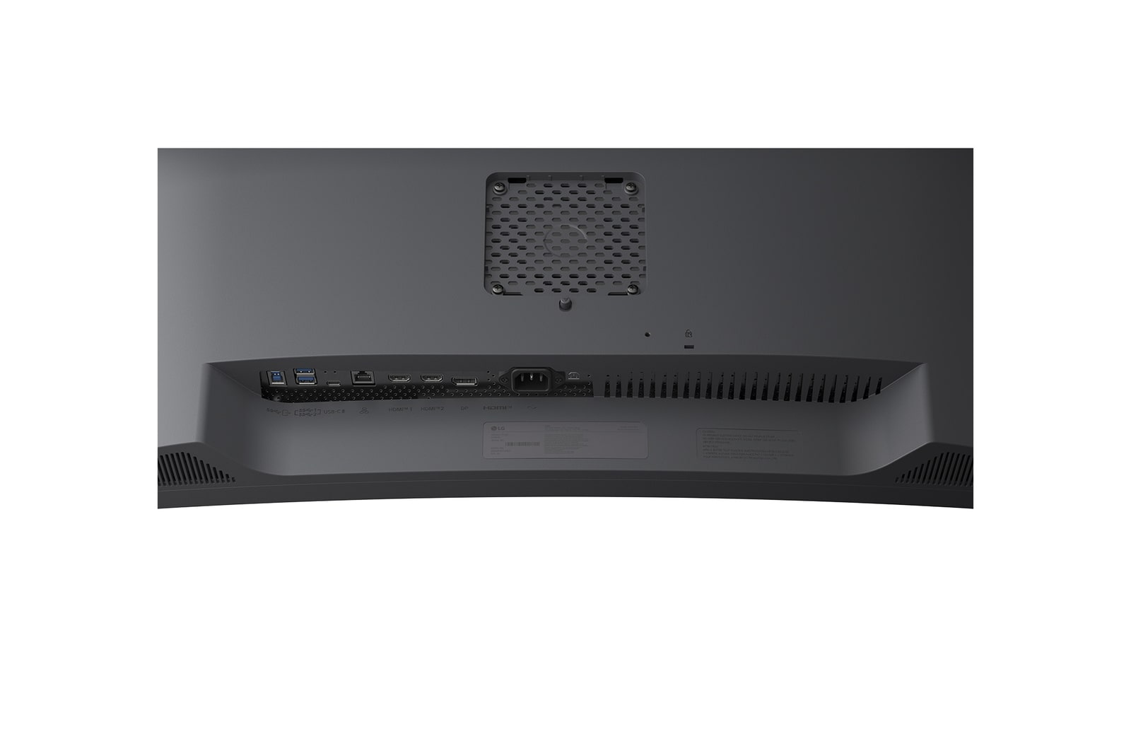 Retro del monitor con porte: USB-C, HDMI, DP, ingresso alimentazione.