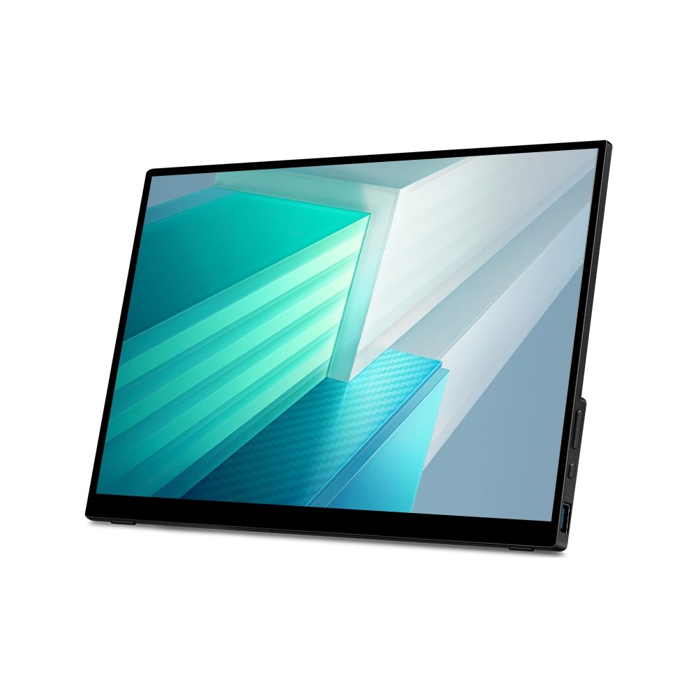 Ein schlanker, tragbarer Monitor mit einem abstrakten, geometrischen Hintergrund in Blau- und Grüntönen.