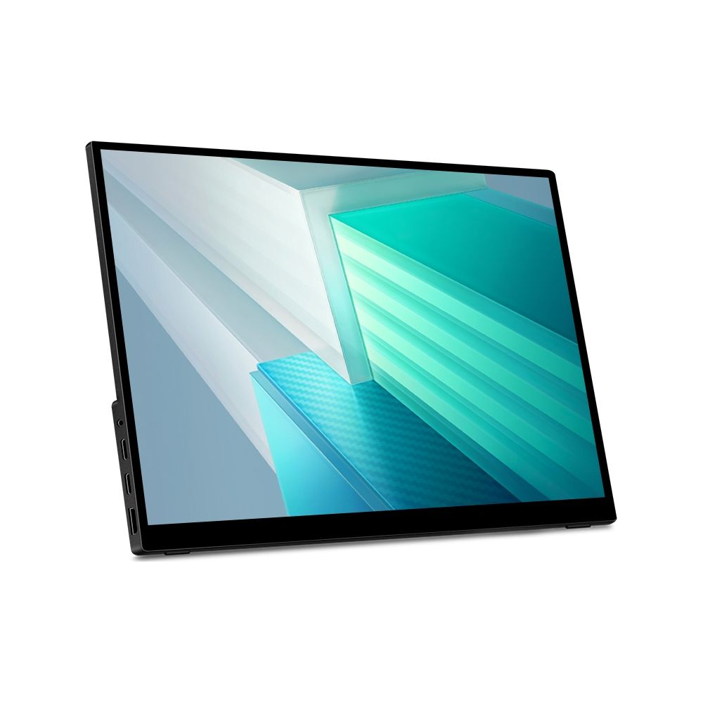 Ein schmaler, tragbarer Monitor mit einem abstrakten, geometrischen Hintergrund in Blau- und Grüntönen.