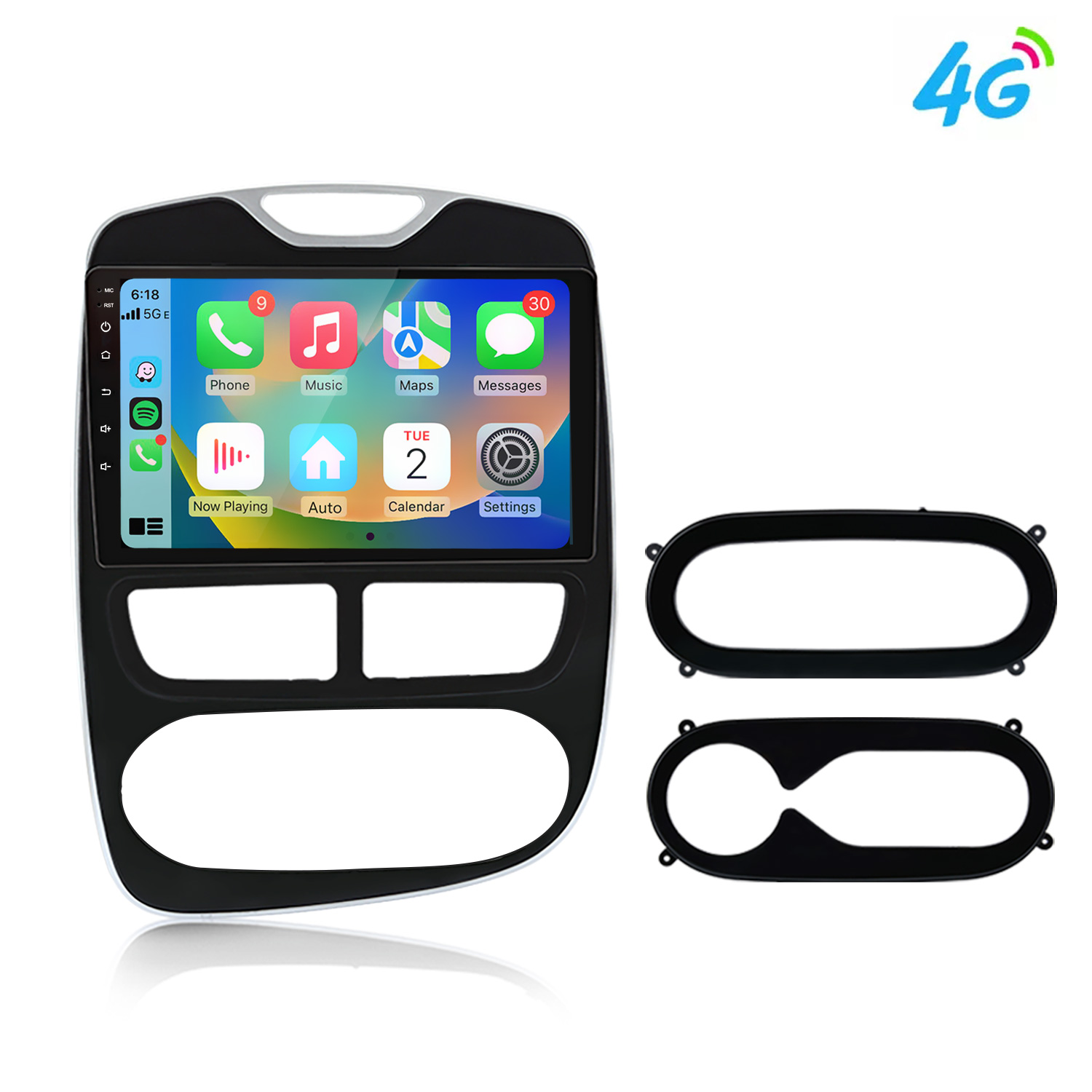 Un touchscreen per autoradio con icone di app e due cornici decorative nere accanto.