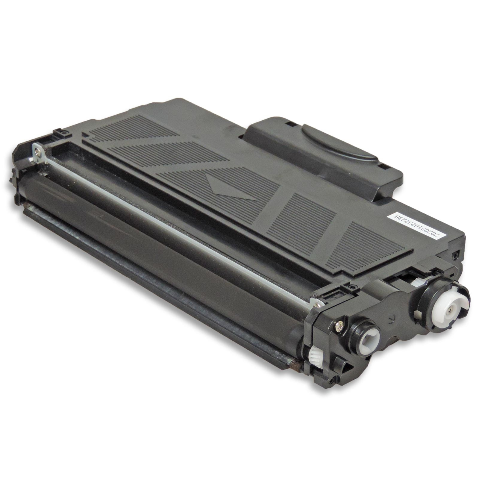 Ein schwarzer Toner für Drucker mit einer Rolle und Zahnrädern.