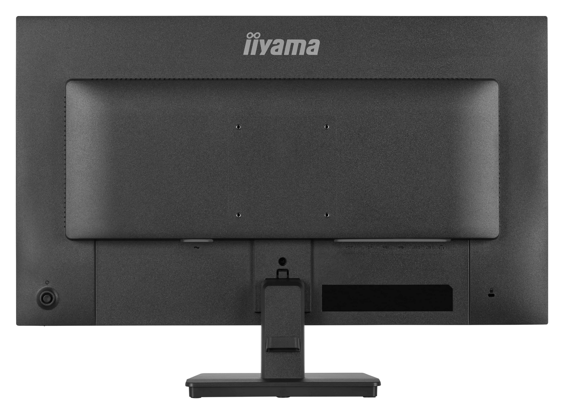 Tył czarnego monitora iiyama z portami i podstawką.