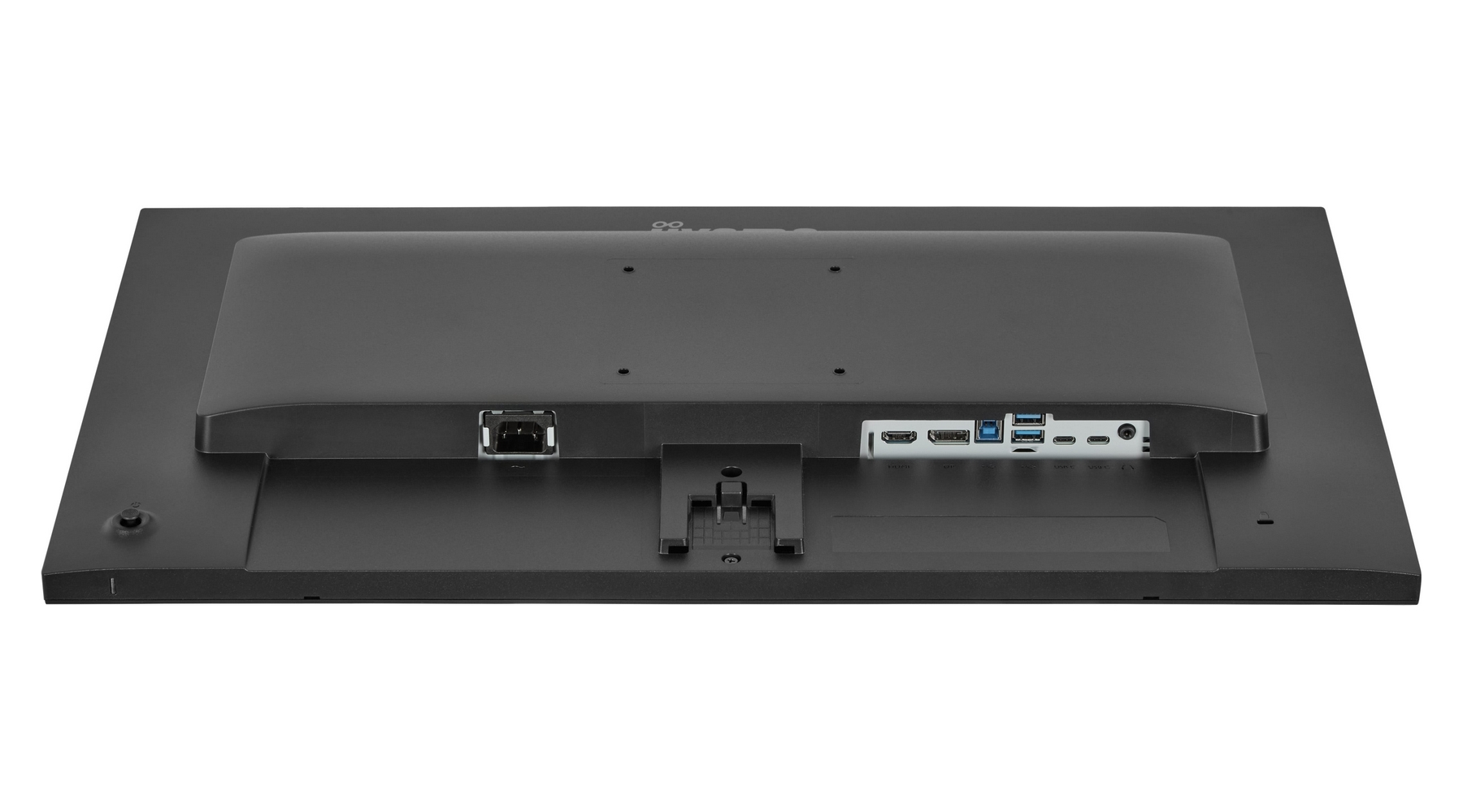 Tył czarnego monitora z portami zasilania, HDMI, USB-A i USB-C.