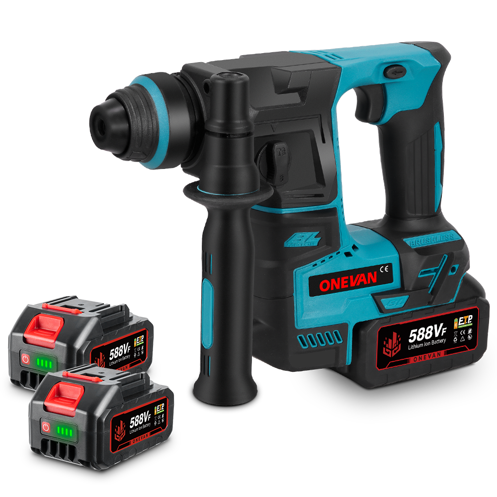 Ein blauer und schwarzer Bohrhammer mit zwei 588V-Akkus.