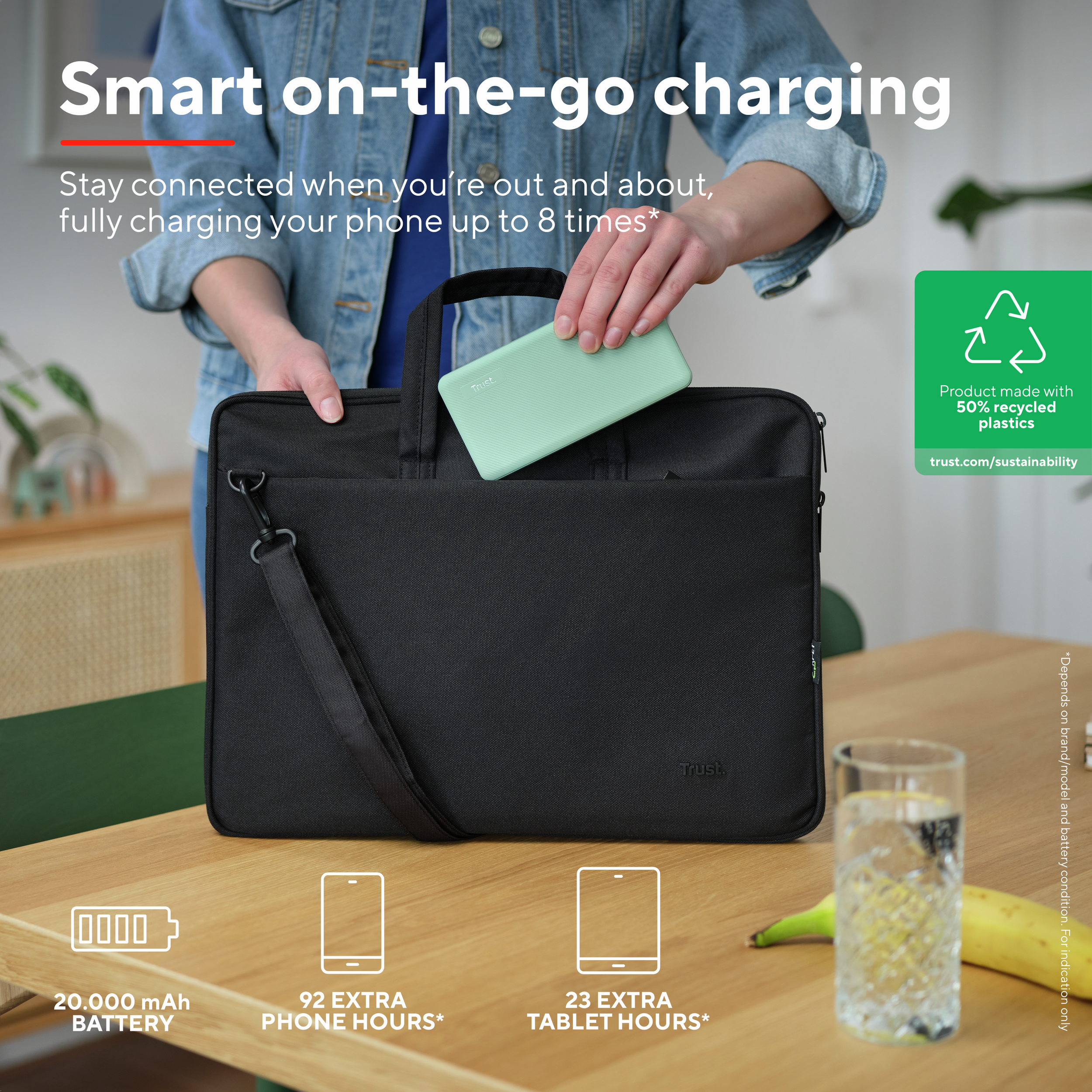 Persona mette un power bank verde in una borsa nera. Specifiche: 20.000 mAh.