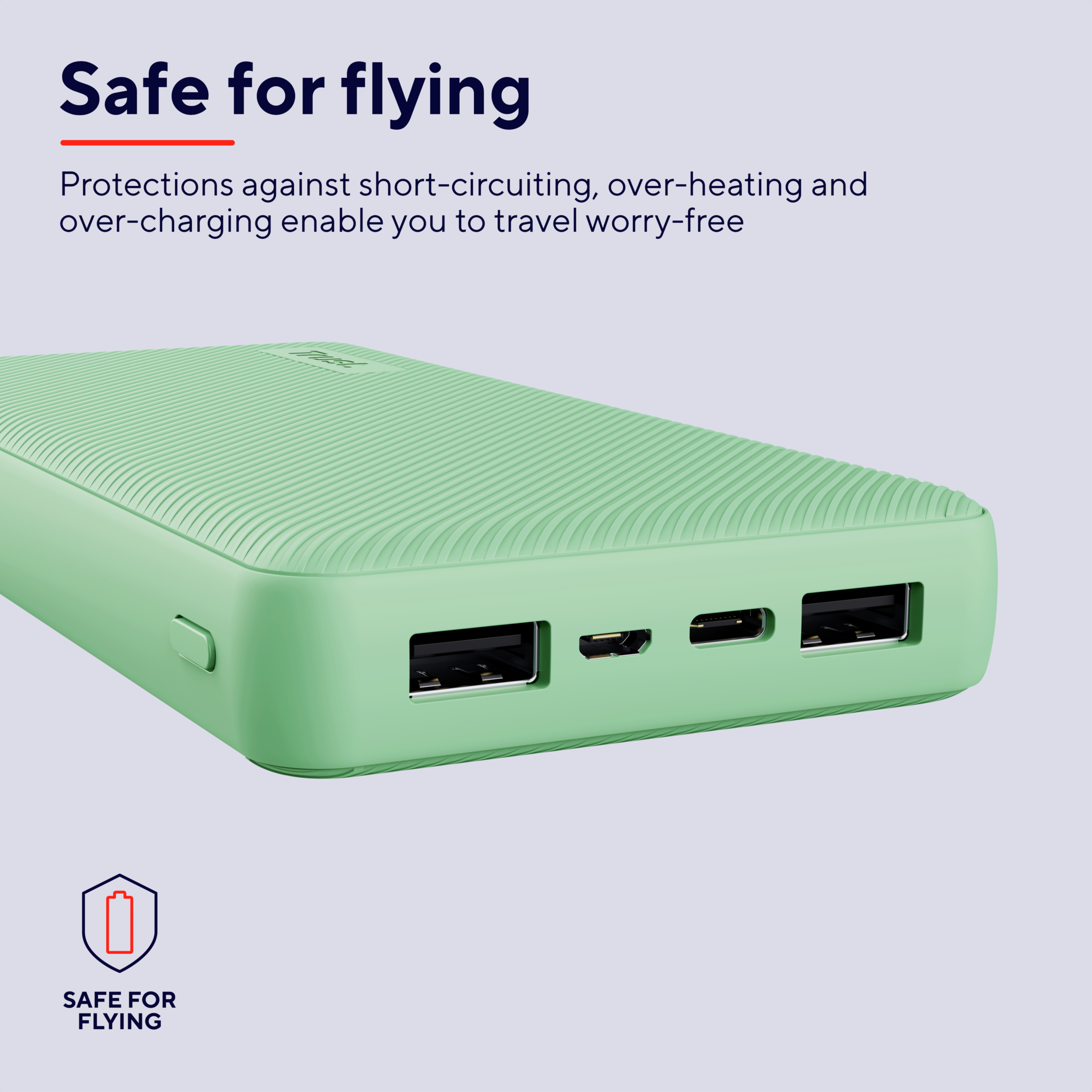 Power bank verde con porte e testo "Safe for flying".