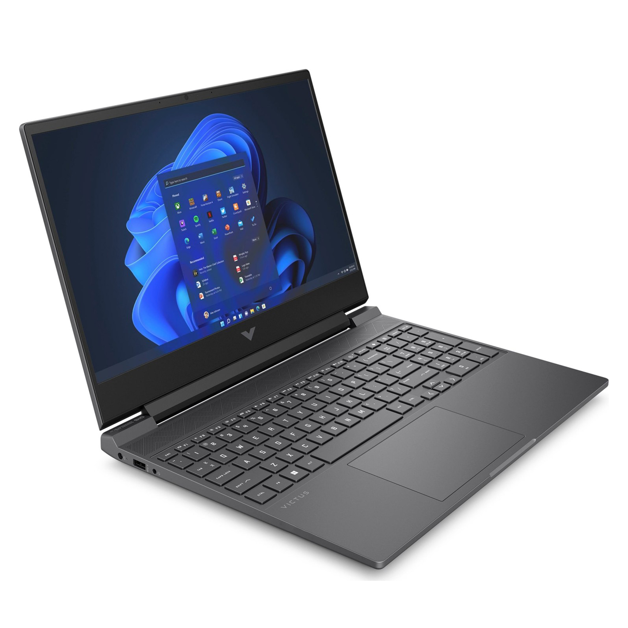Arkadan aydınlatmalı klavyeli ve ekranda Windows 11 yüklü gri HP Victus dizüstü bilgisayar.