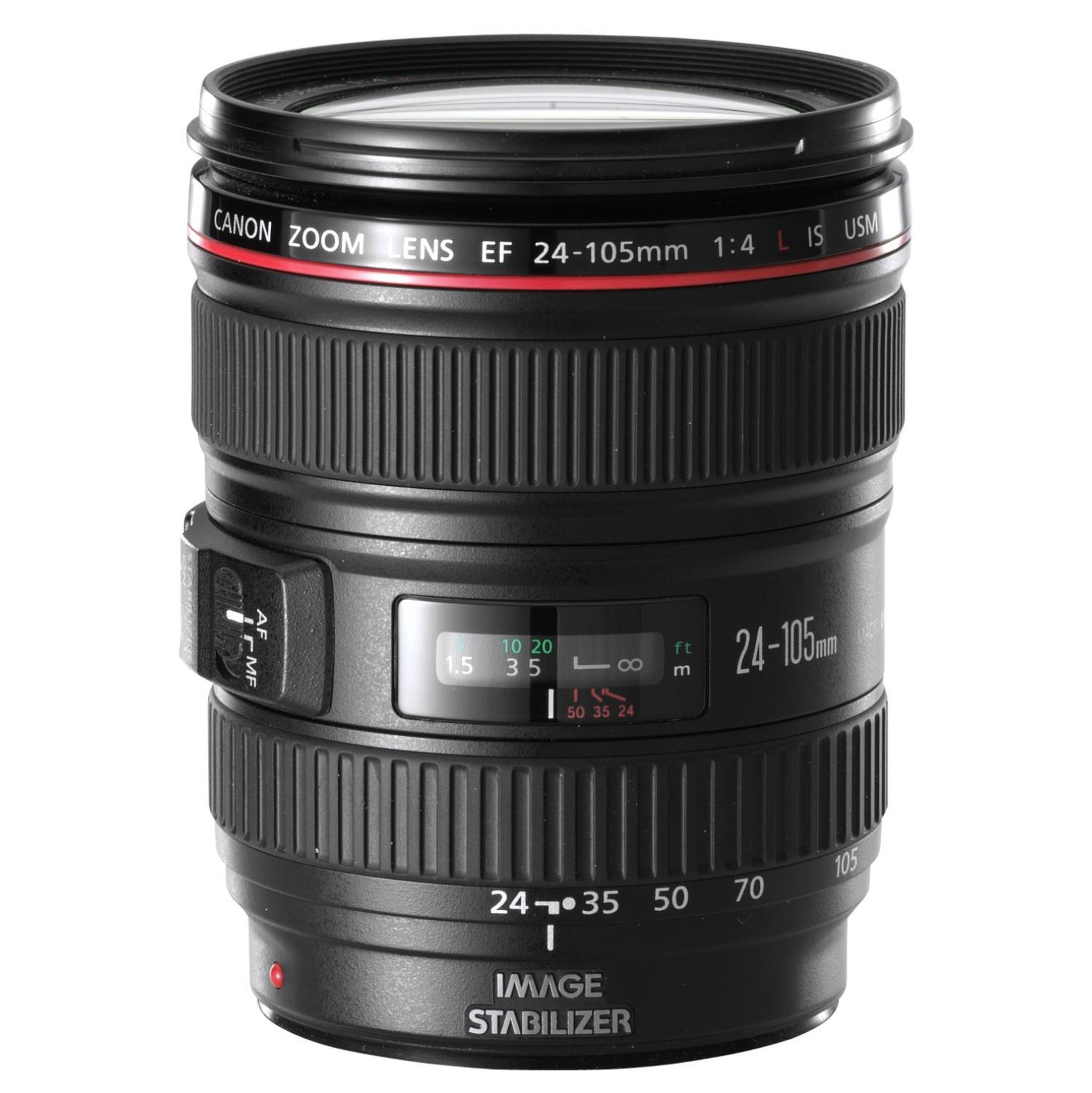 Obiettivo zoom Canon nero EF 24-105mm 1:4L IS USM con ghiere messa a fuoco e zoom.